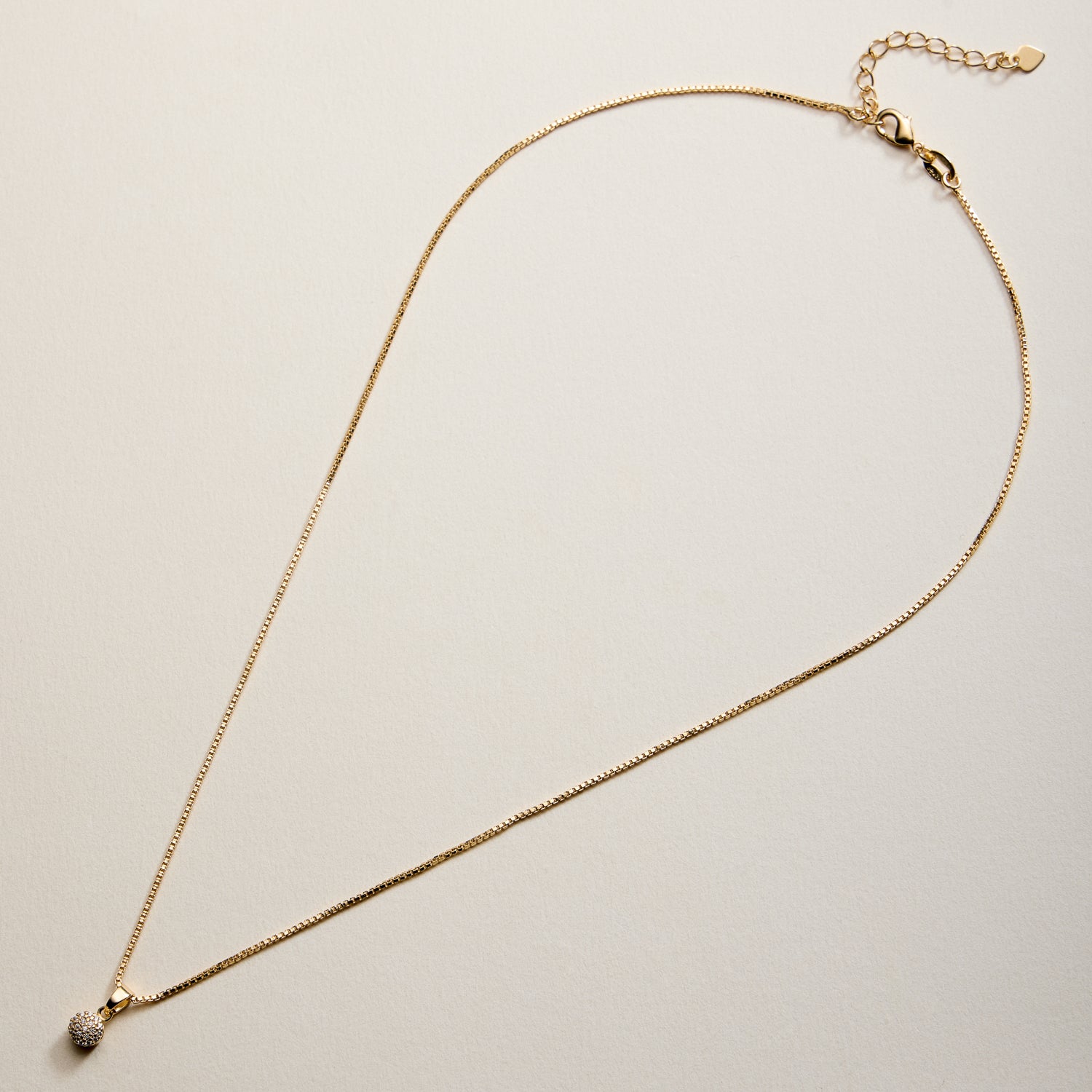 Gold Filled Box Chain Necklace with Crystal Ball Pendant