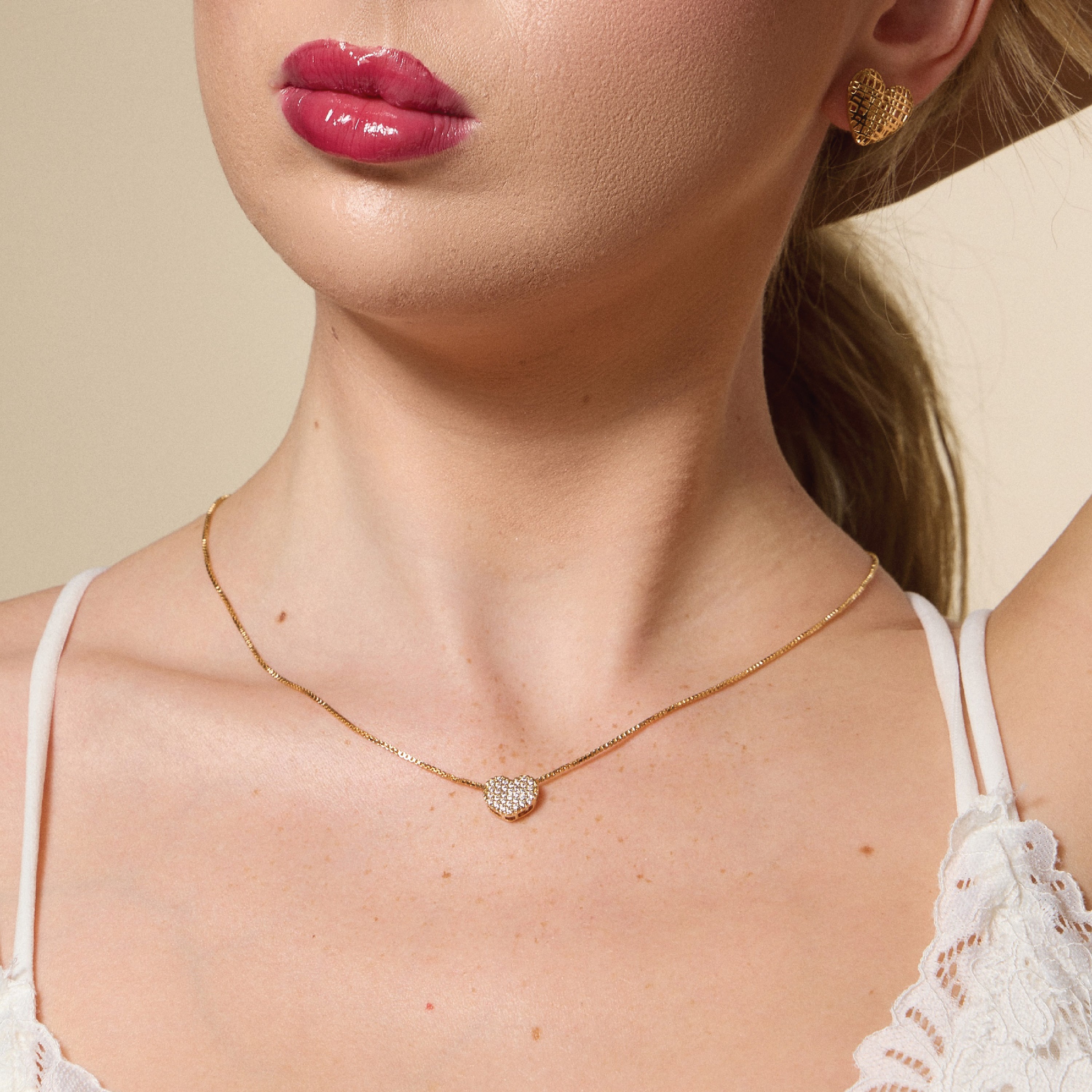 Gold Filled Heart Pendant Necklace with Sparkling Stones