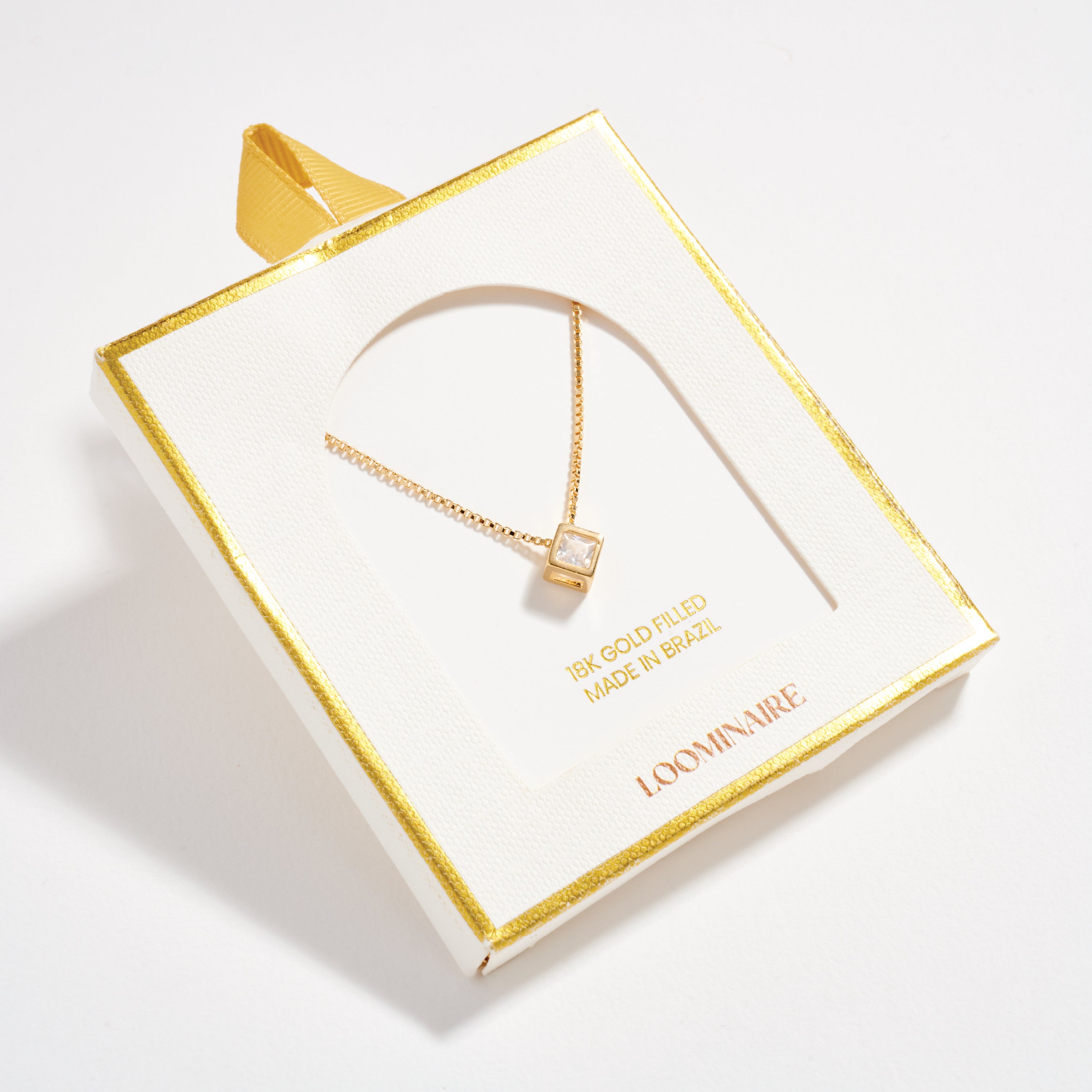Gold Filled Box Chain Necklace with Geometric Cube Pendant