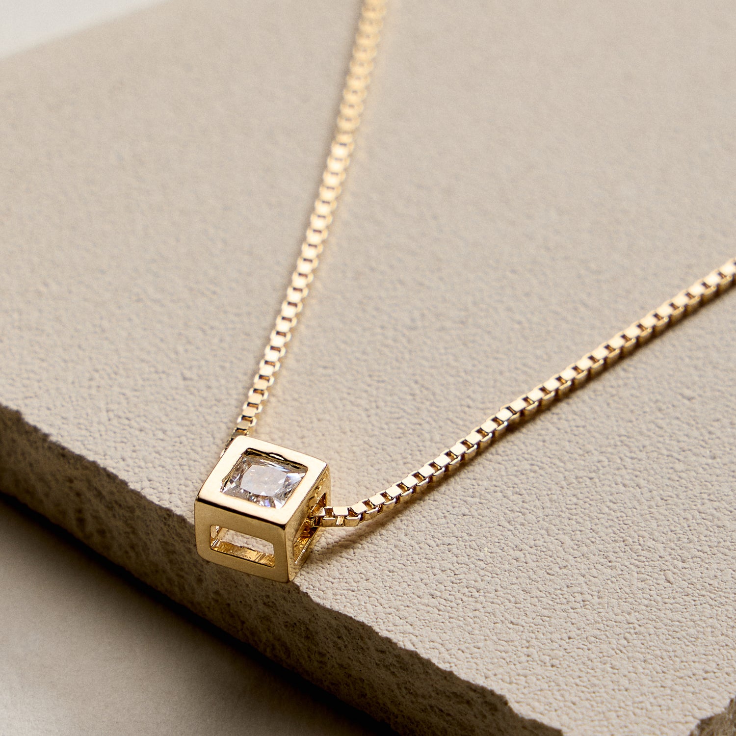 Gold Filled Box Chain Necklace with Geometric Cube Pendant