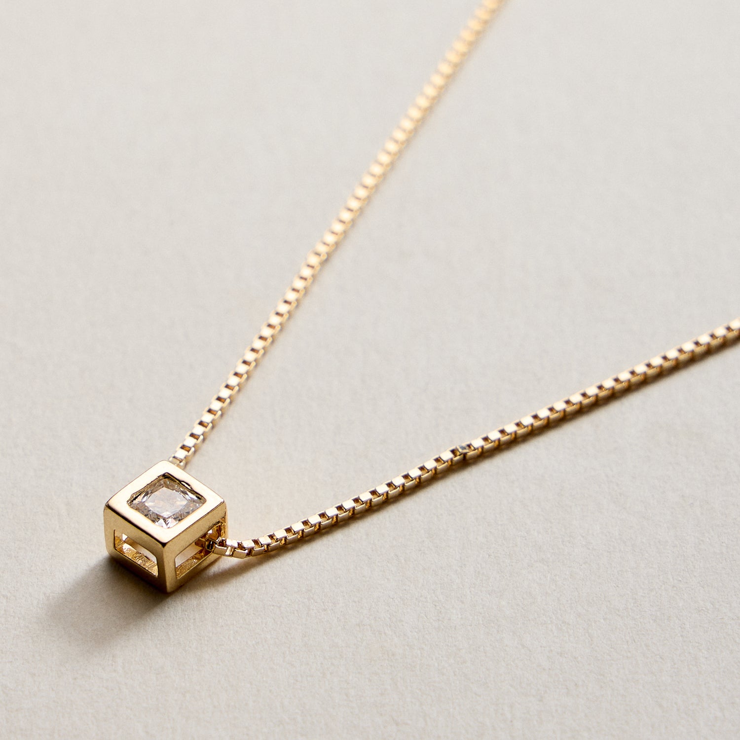 Gold Filled Box Chain Necklace with Geometric Cube Pendant