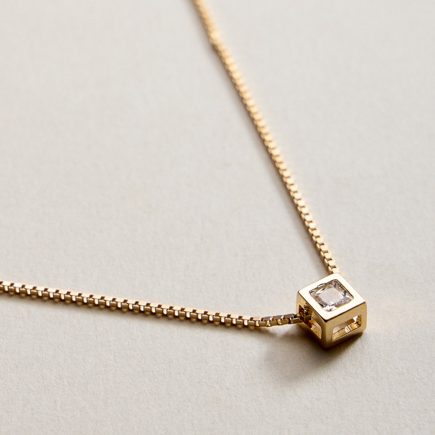 Gold Filled Box Chain Necklace with Geometric Cube Pendant
