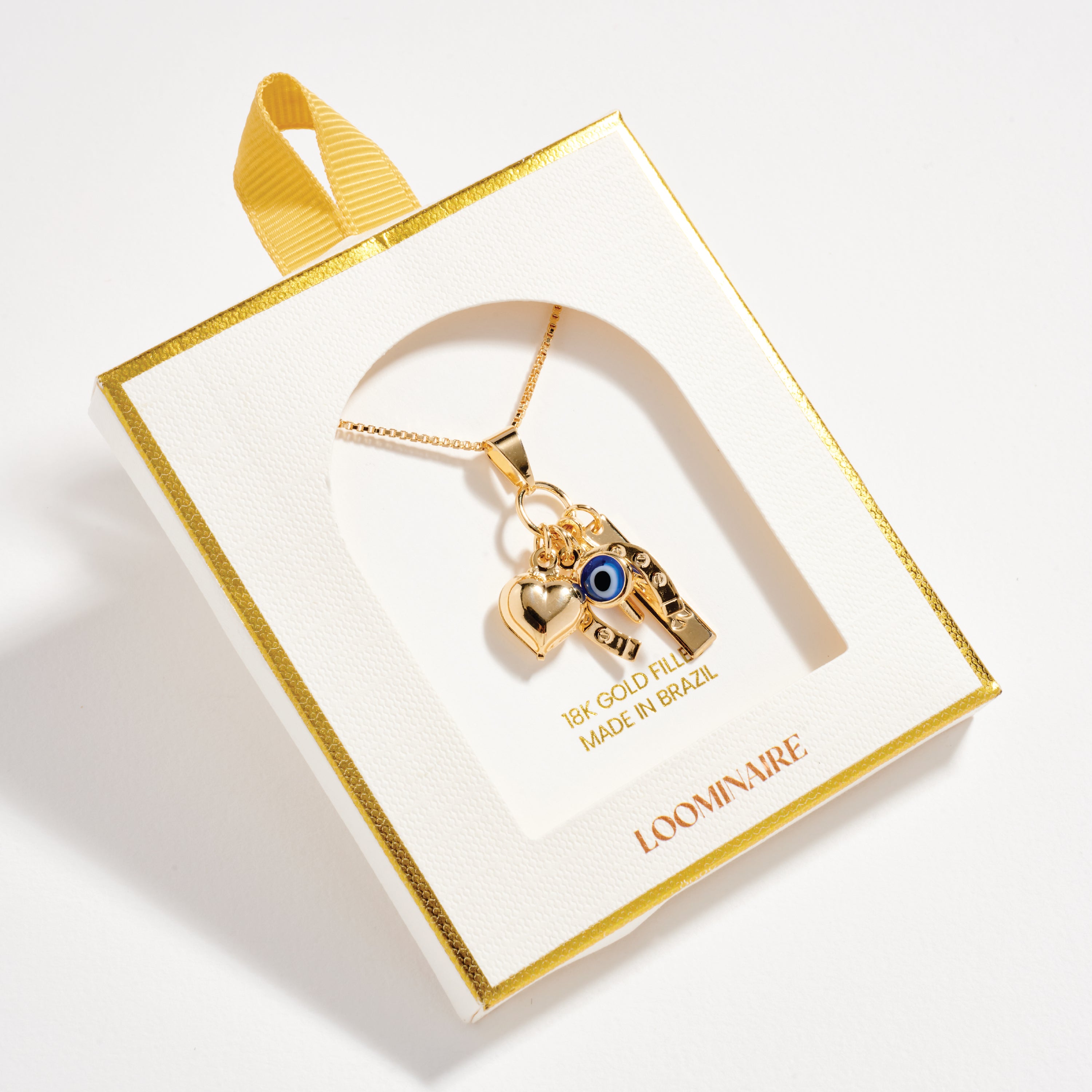 Gold Filled Charm Necklace – Heart, Horseshoe, Evil Eye & Wishbone Pendant - Frem