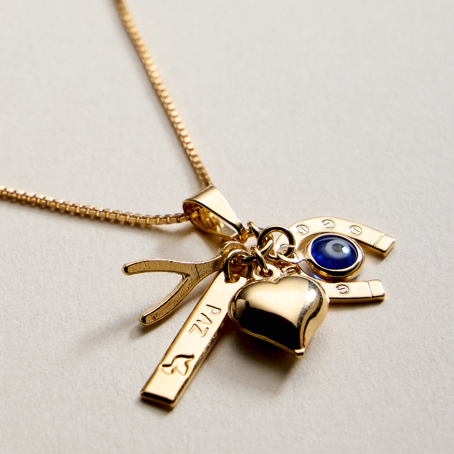 Gold Filled Charm Necklace – Heart, Horseshoe, Evil Eye & Wishbone Pendant - Frem