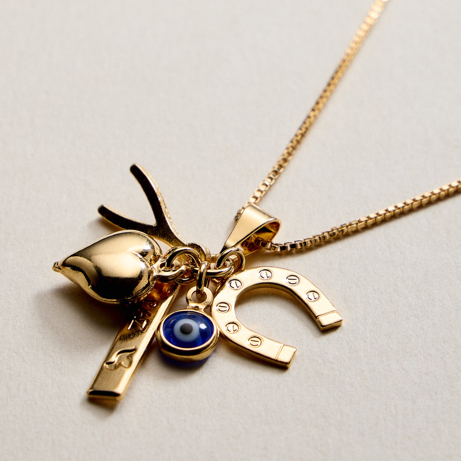 Gold Filled Charm Necklace – Heart, Horseshoe, Evil Eye & Wishbone Pendant - Frem