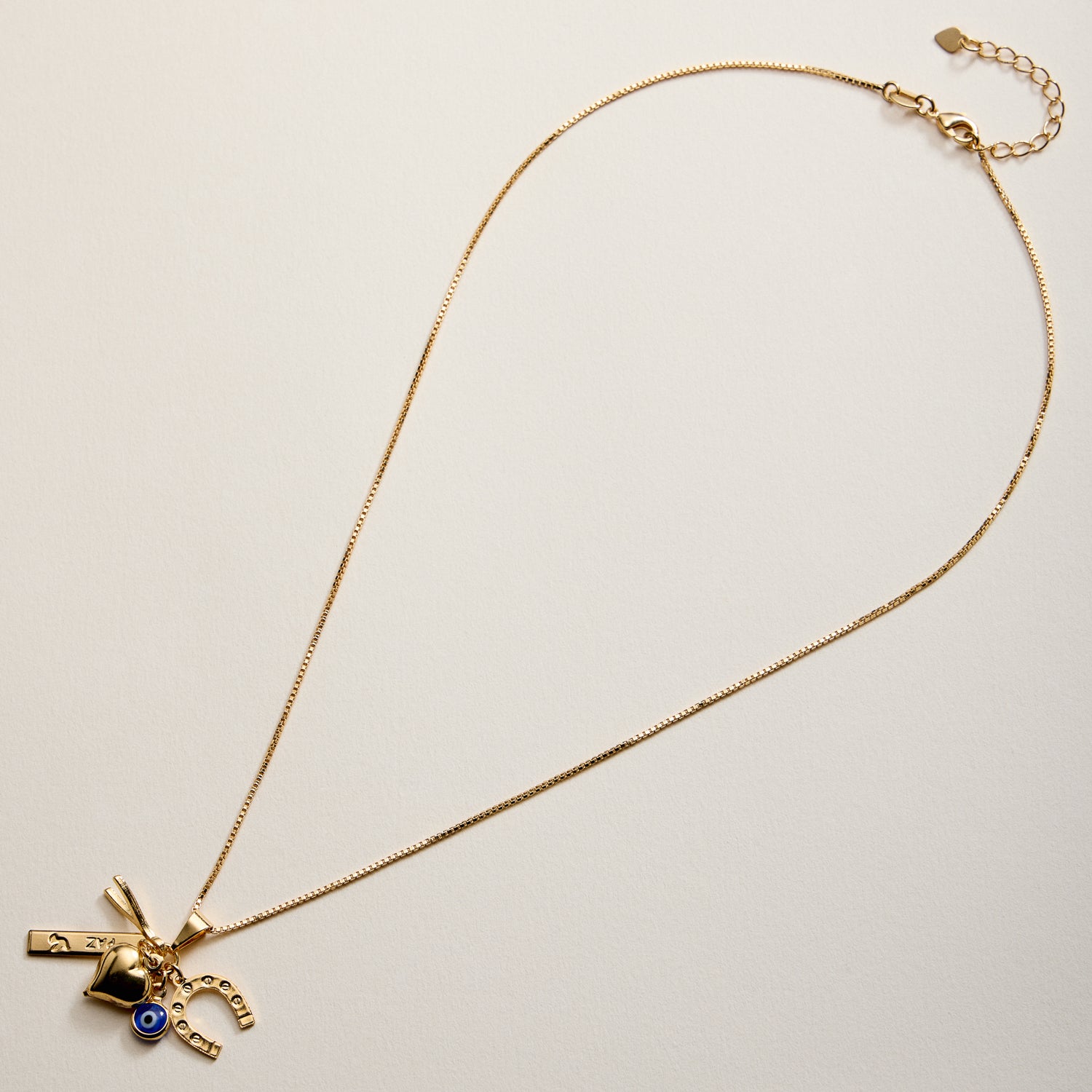 Gold Filled Charm Necklace – Heart, Horseshoe, Evil Eye & Wishbone Pendant - Frem