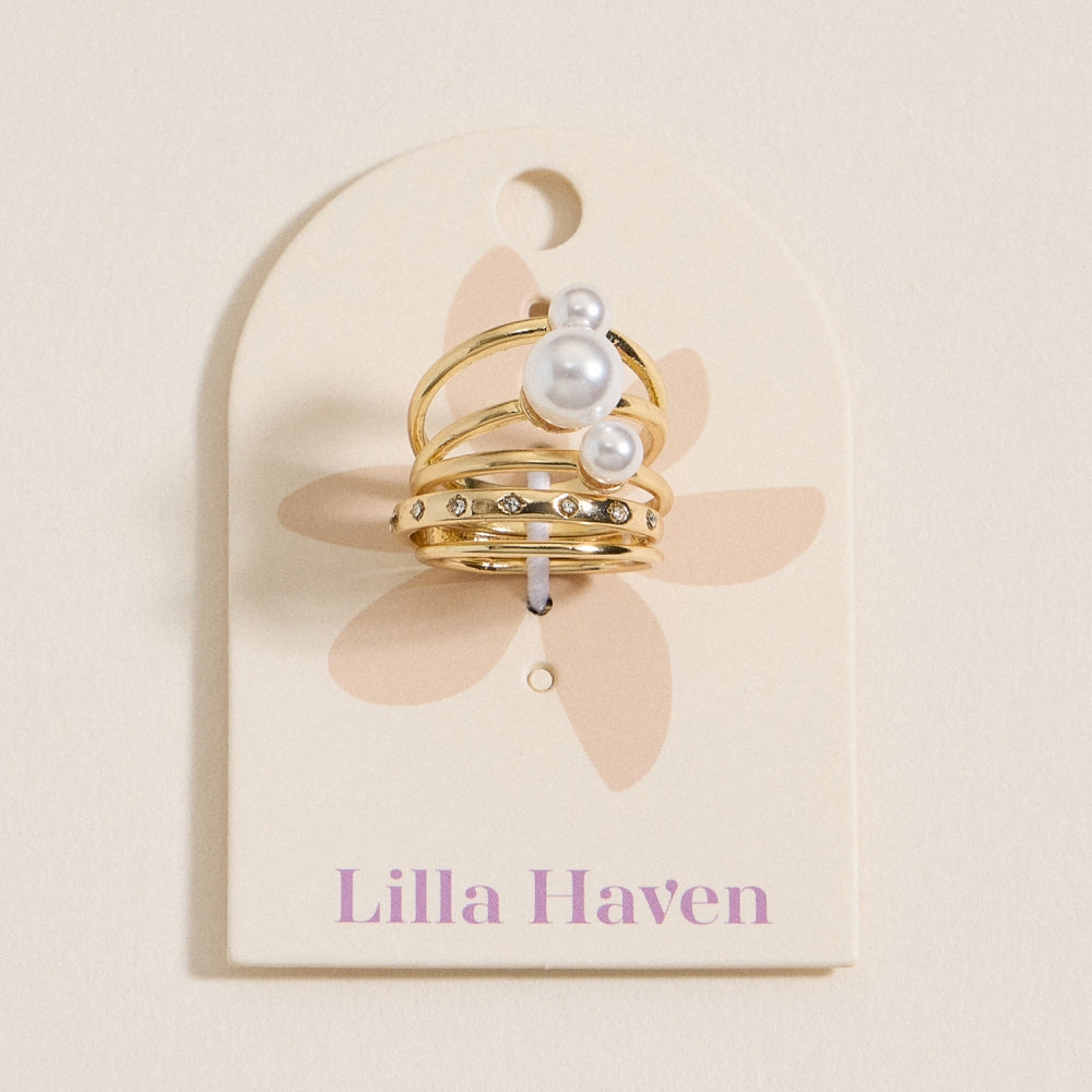 Elegant Gold Pearl Ring Trio