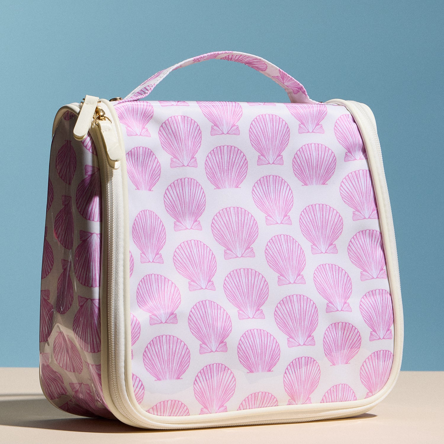 Pink Seashell Print Hanging Toiletry Bag – Travel Makeup Organizer with Handle - Frem