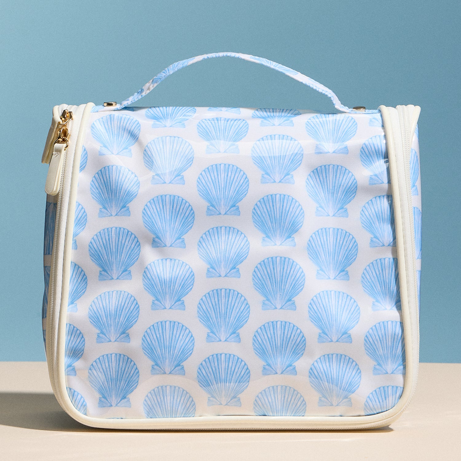 Blue Seashell Print Hanging Toiletry Bag – Travel Makeup Organizer with Hook