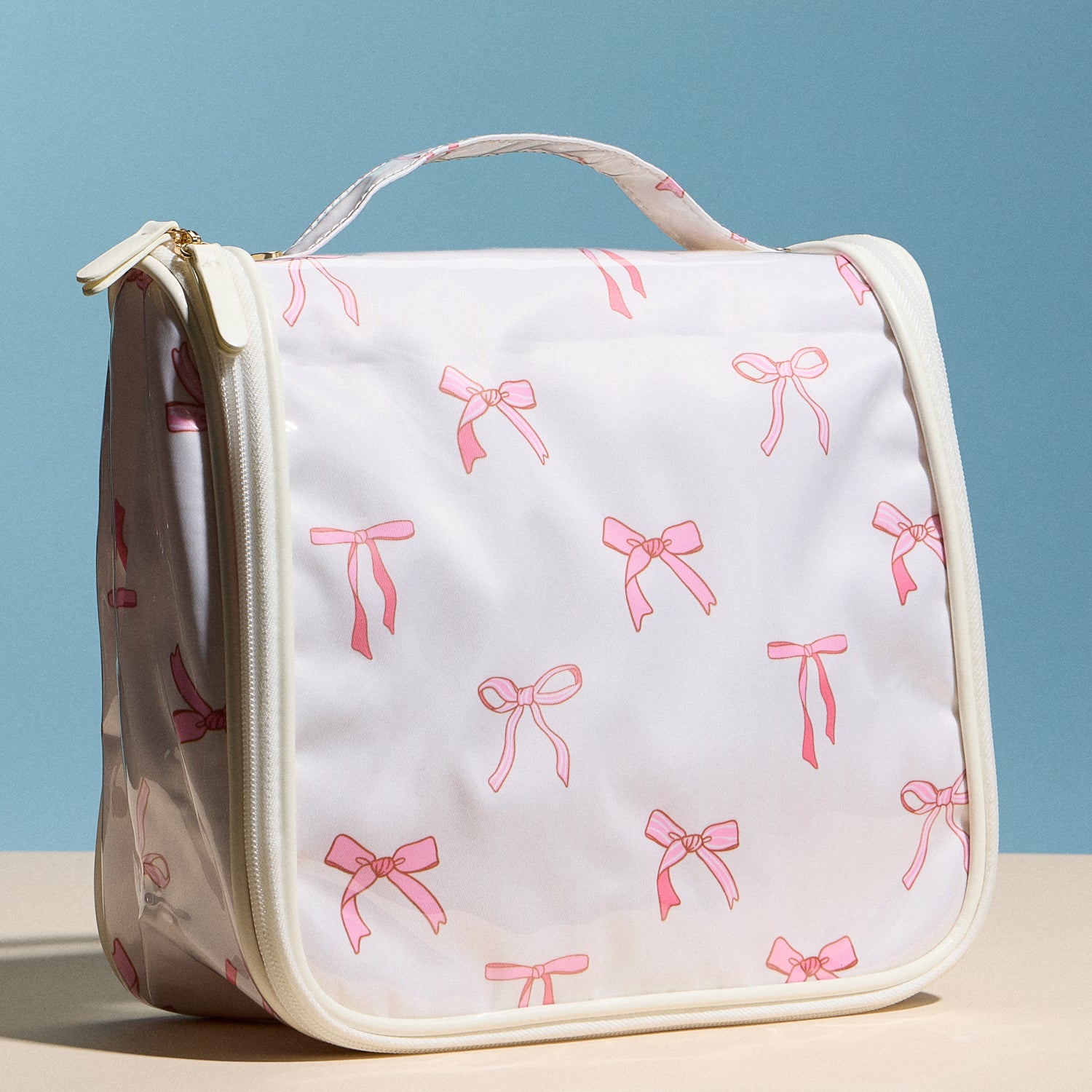 Pink Bow Print Hanging Toiletry Bag – Travel Makeup Organizer with Handle - Frem