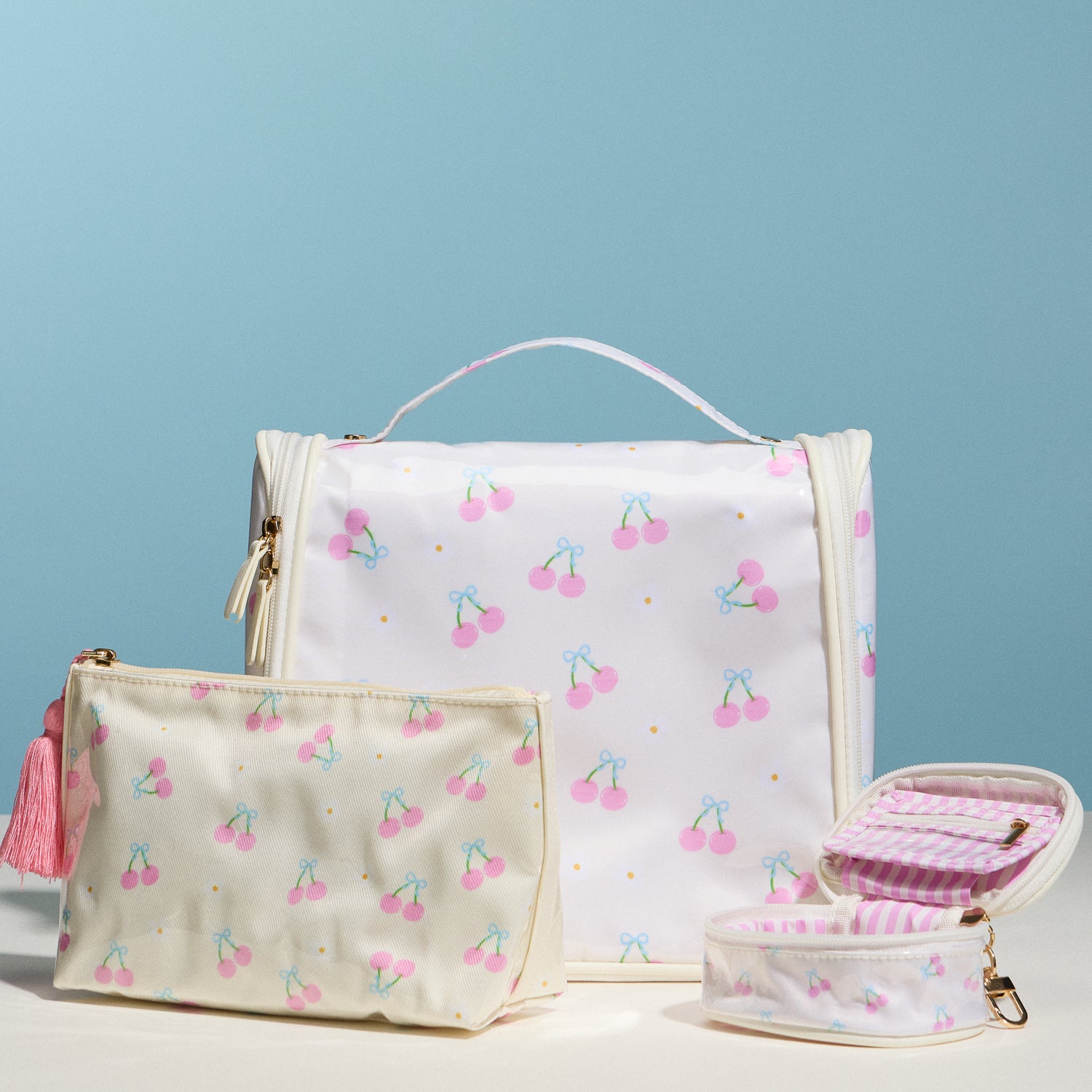 Cherry Print Hanging Toiletry Bag – Travel Makeup Organizer with Handle