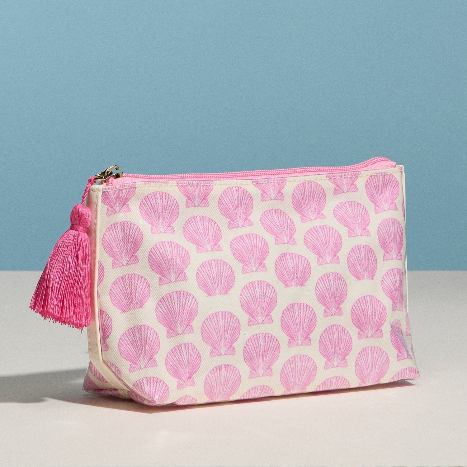 Pink Seashell Print Cosmetic Pouch – Zipper Makeup Bag with Tassel - Frem