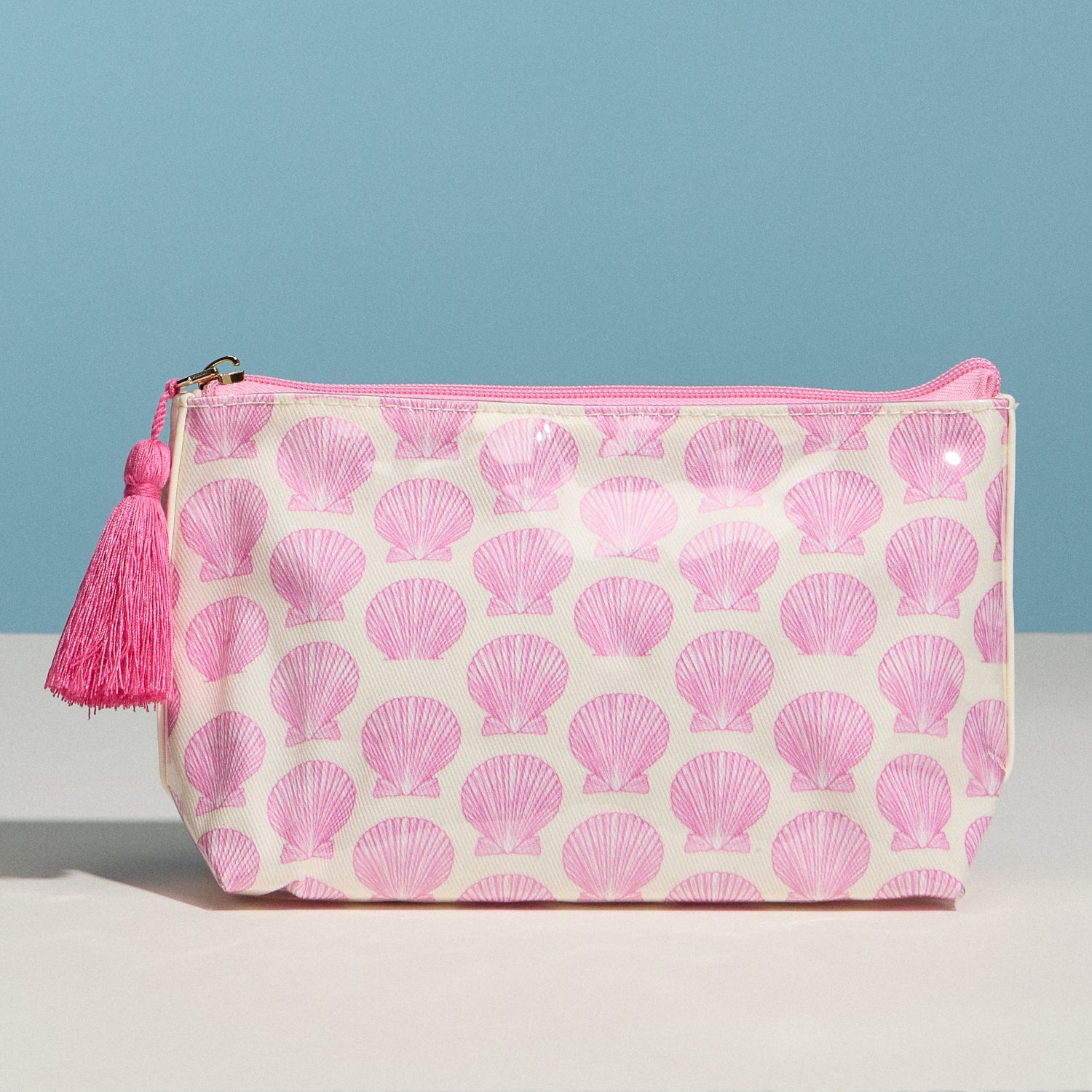 Pink Seashell Print Cosmetic Pouch – Zipper Makeup Bag with Tassel - Frem