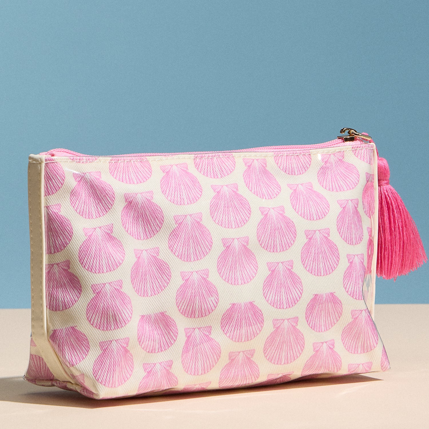 Pink Seashell Print Cosmetic Pouch – Zipper Makeup Bag with Tassel - Frem