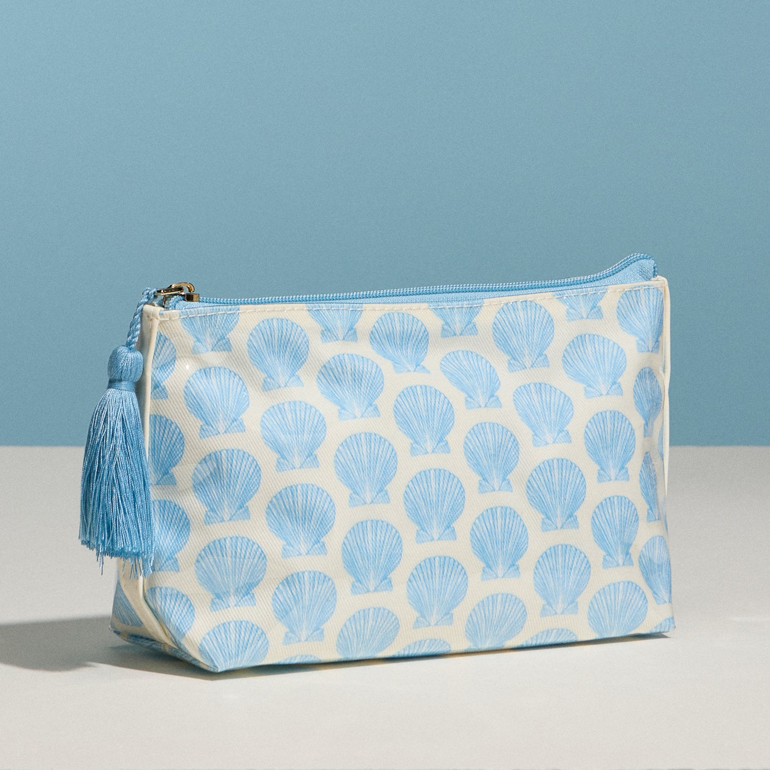 Blue Seashell Print Cosmetic Pouch – Zipper Makeup Bag with Tassel
