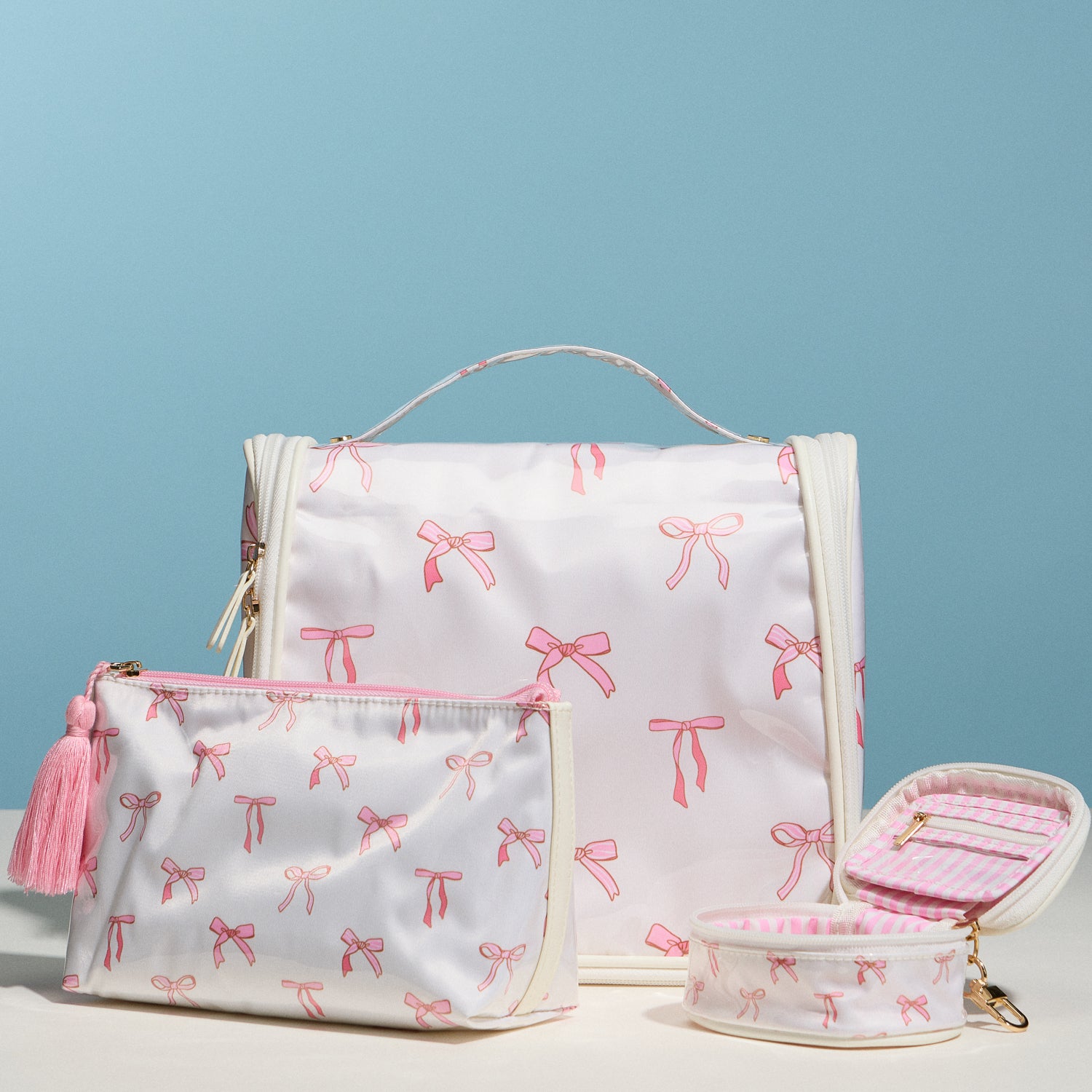 Pink Bow Print Cosmetic Pouch – Zipper Makeup Bag with Tassel - Frem