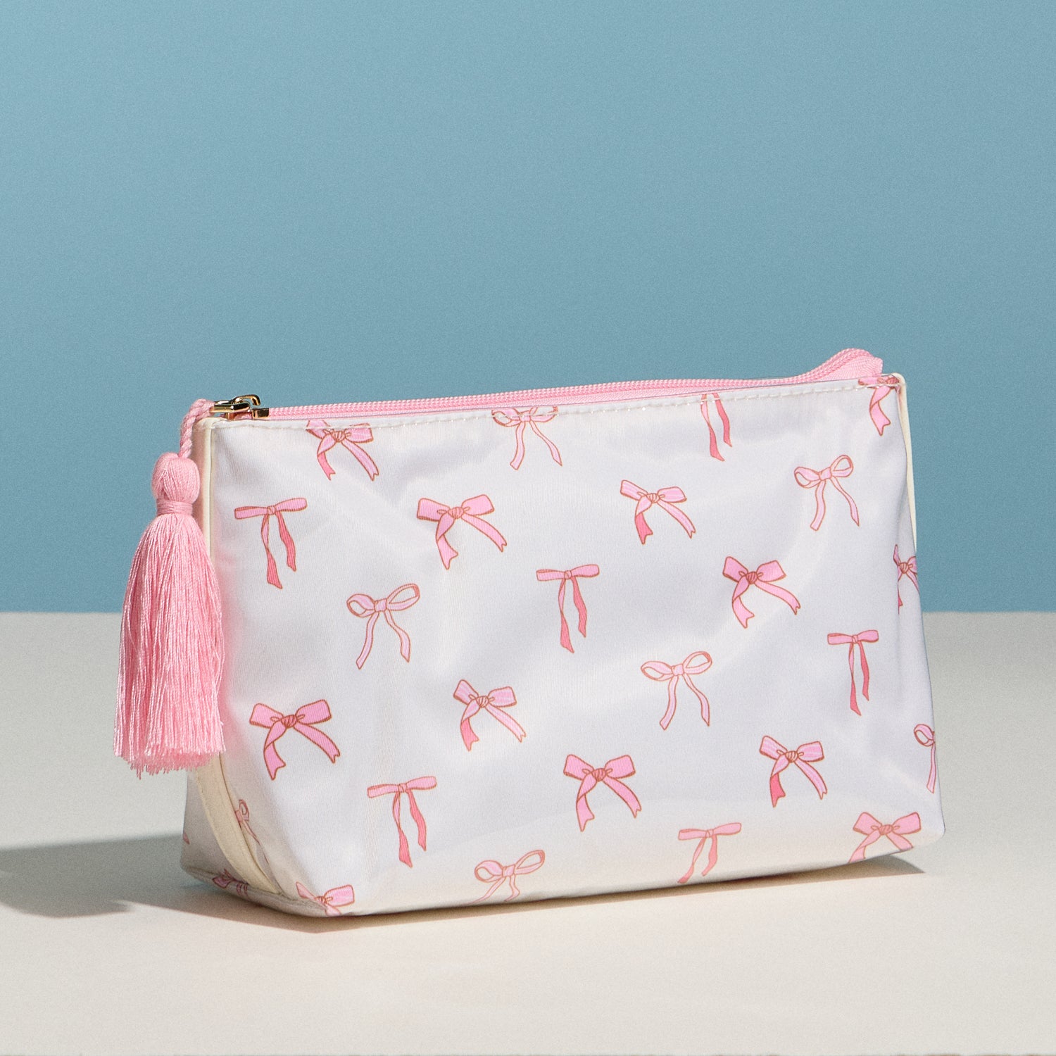 Pink Bow Print Cosmetic Pouch – Zipper Makeup Bag with Tassel - Frem