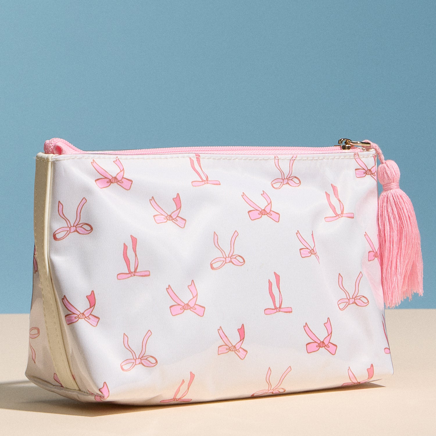 Pink Bow Print Cosmetic Pouch – Zipper Makeup Bag with Tassel - Frem