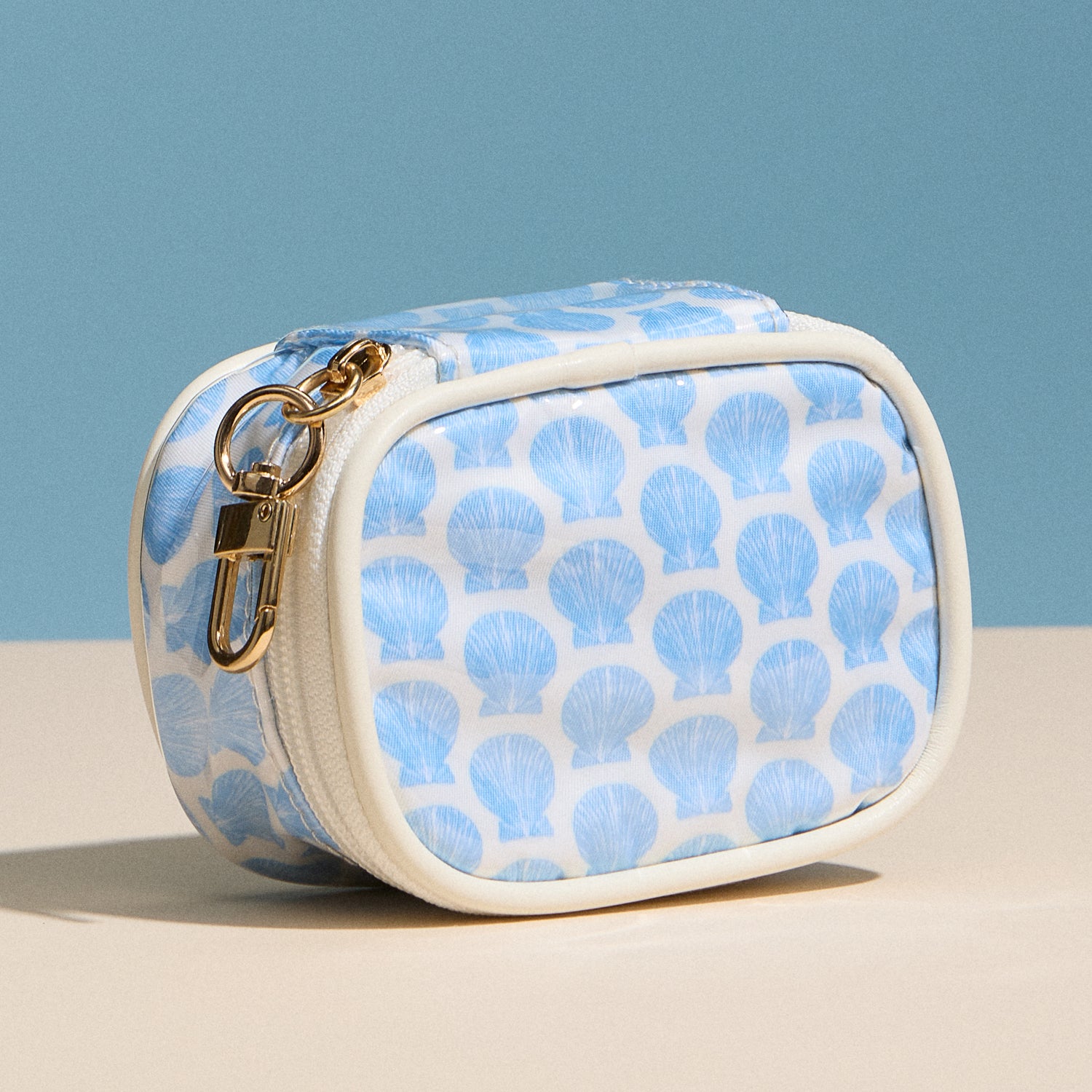 Blue Shell Mini Cosmetic Pouch with Clip – Quilted Zip Travel Coin & Bag Charm