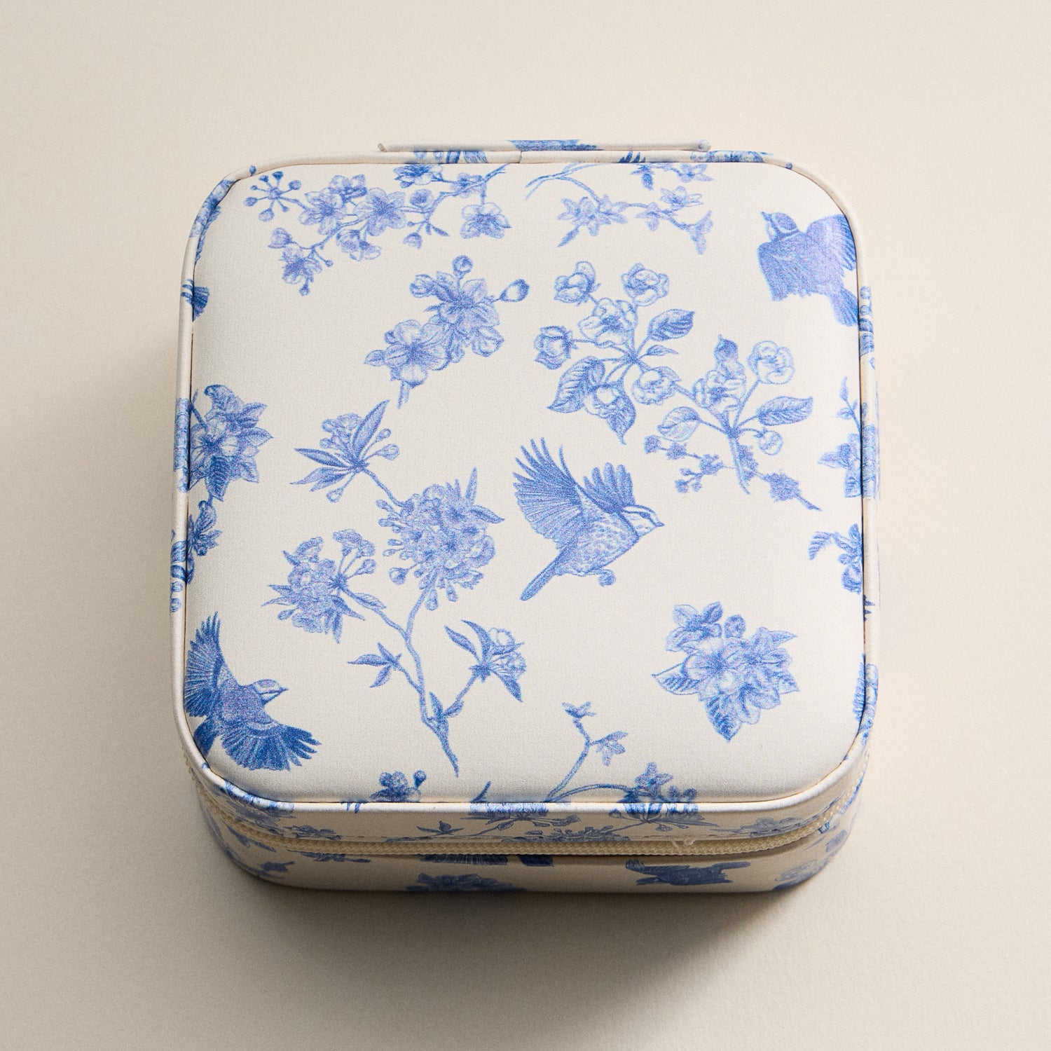 Blue Floral & bird Print Travel Jewelry Box – Compact Organizer with Mirror & Ring Slots