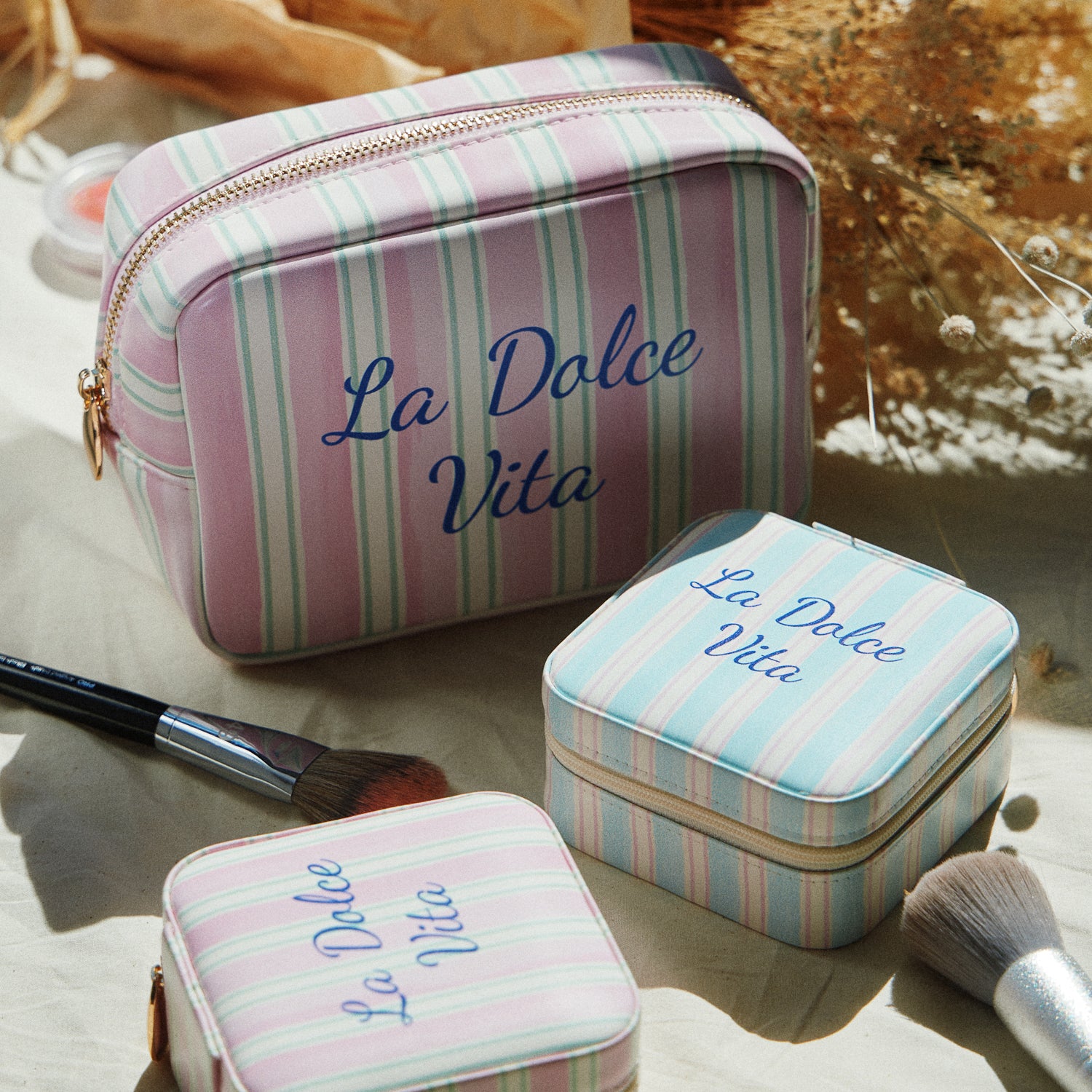 La Dolce Vita Cosmetic Makeup Bag | Striped Zip Travel Toiletry Pouch