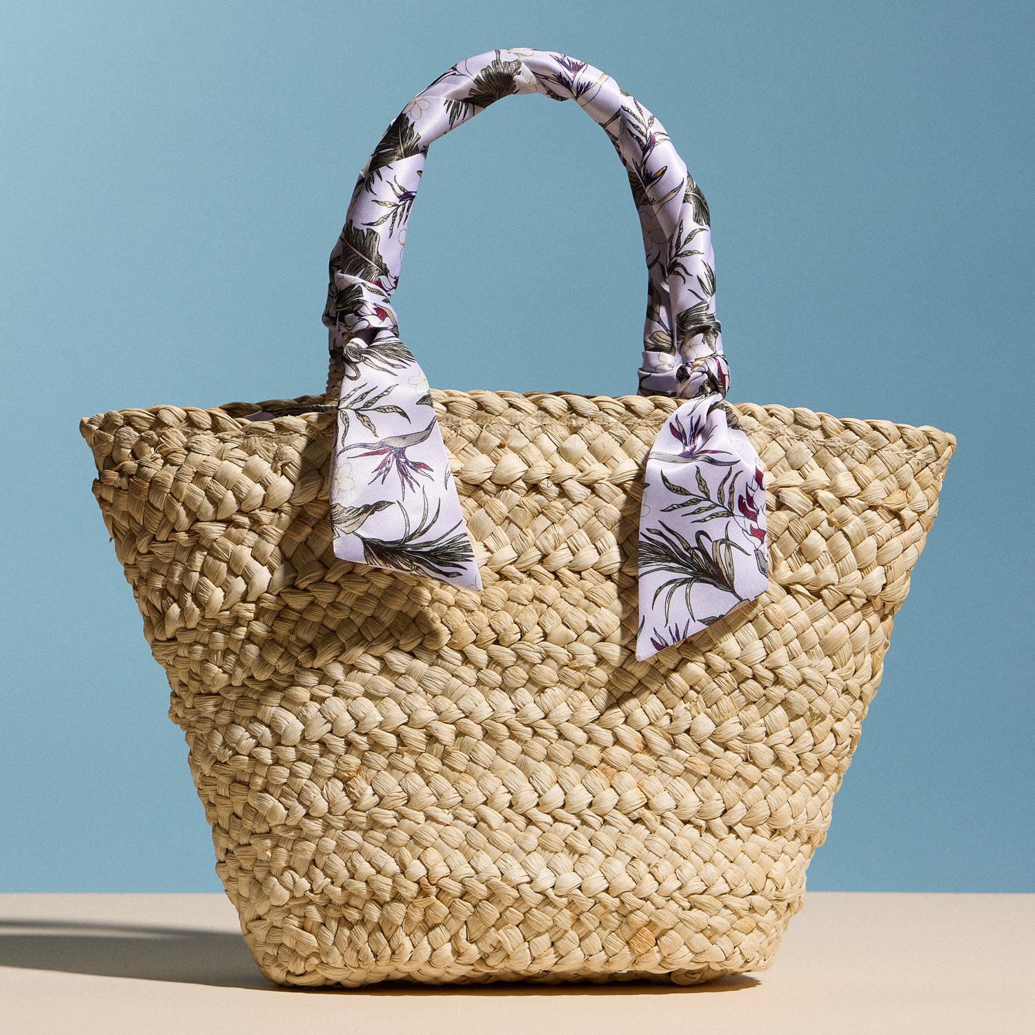 Raffia Mini Tote Bag with Floral Scarf Handles – Summer Beach & Resort Handbag - Frem