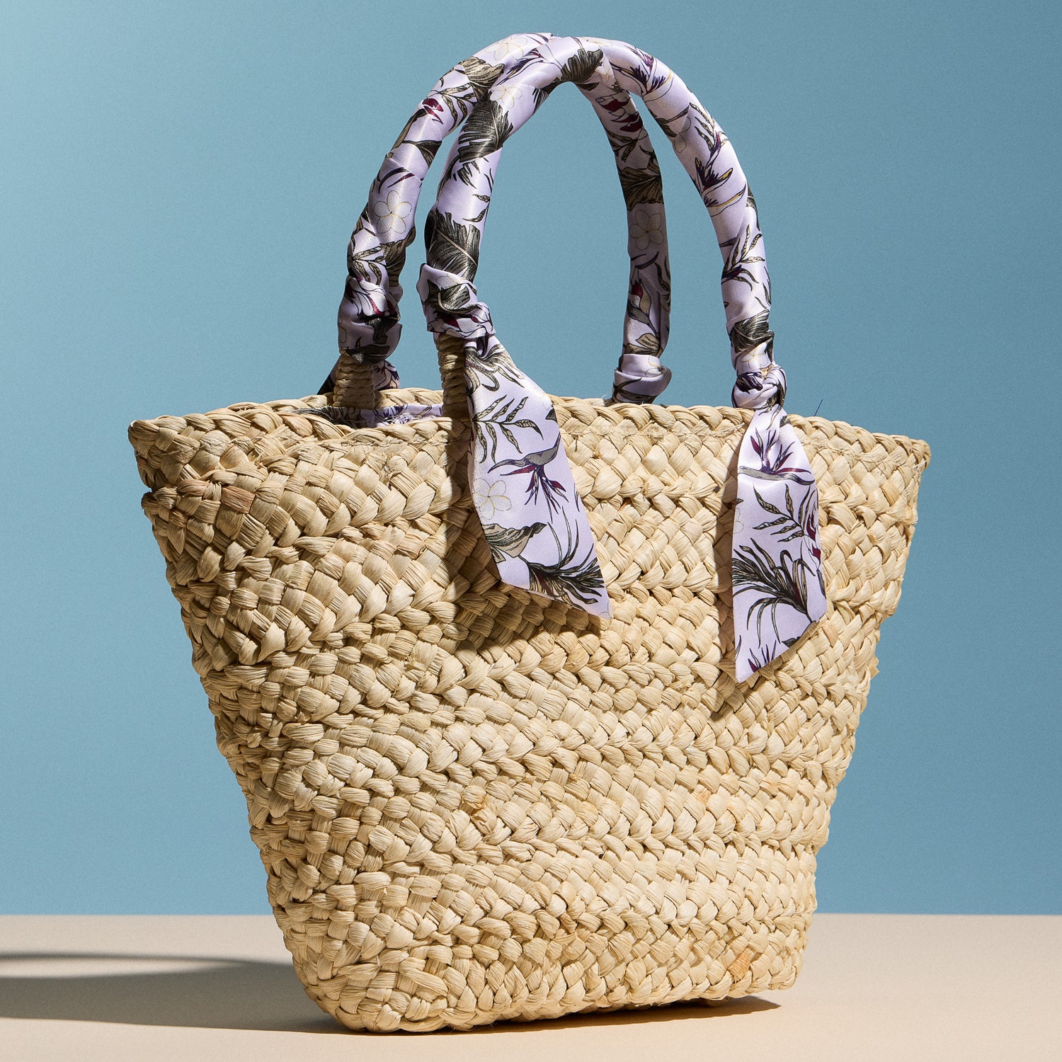 Raffia Mini Tote Bag with Floral Scarf Handles – Summer Beach & Resort Handbag - Frem