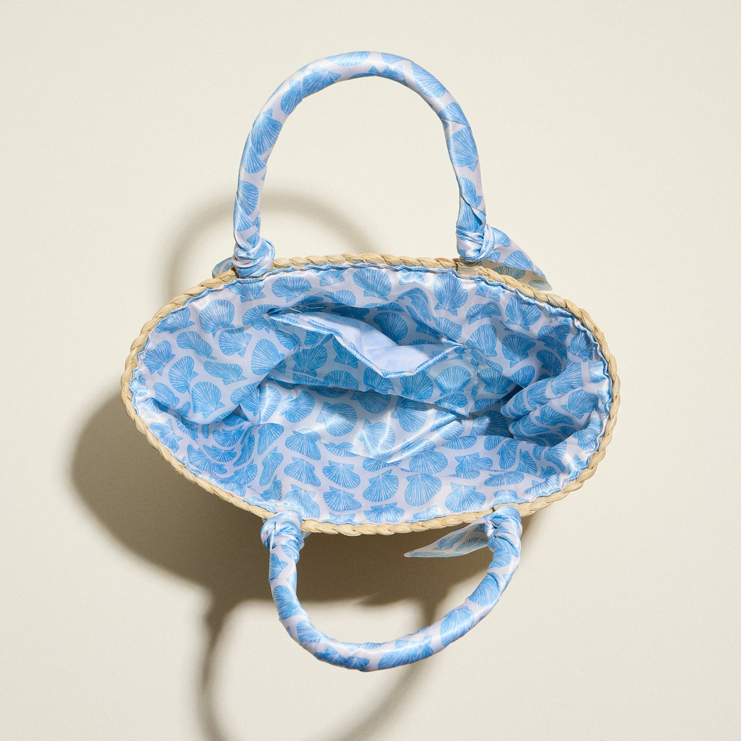 Blue Shell Raffia Bag with Scarf Handles – Woven Summer Beach & Everyday Handbag - Frem