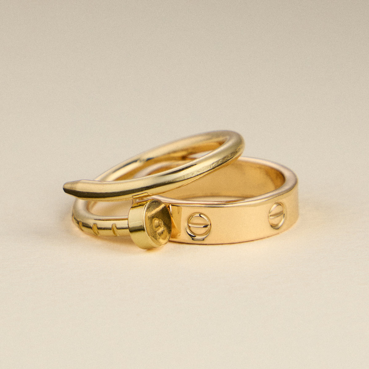 Gold Screw Detail & Nail Wrap Ring Set – 2 Piece, Size 8