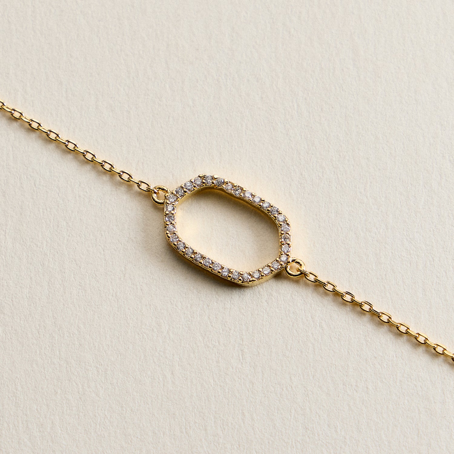 14K Gold Plated Oval Link Crystal Bracelet – Minimalist Pavé Open Frame Chain Bracelet for Women