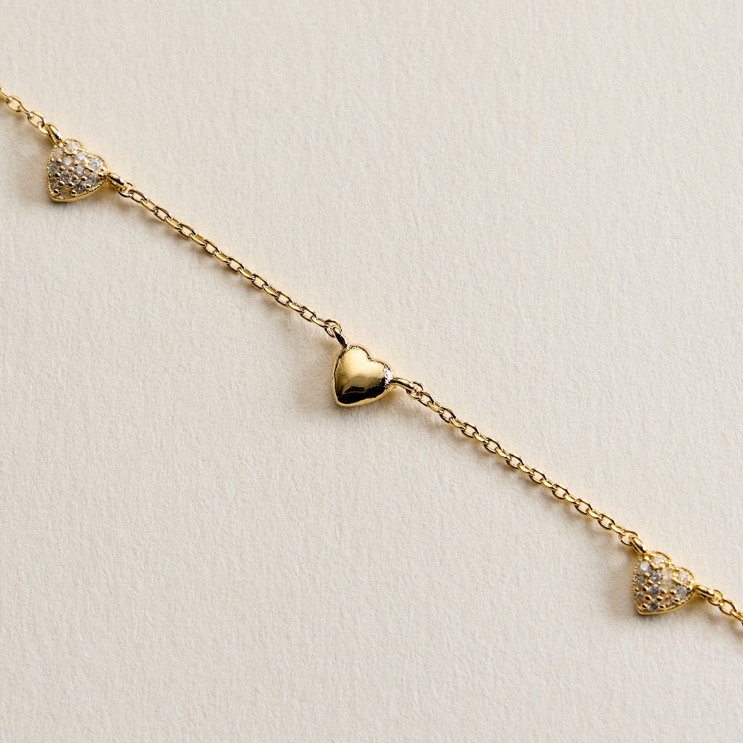 14K Gold Plated Heart Charm Bracelet with Pavé Crystal Accents – Delicate Dainty Love Chain Bracelet