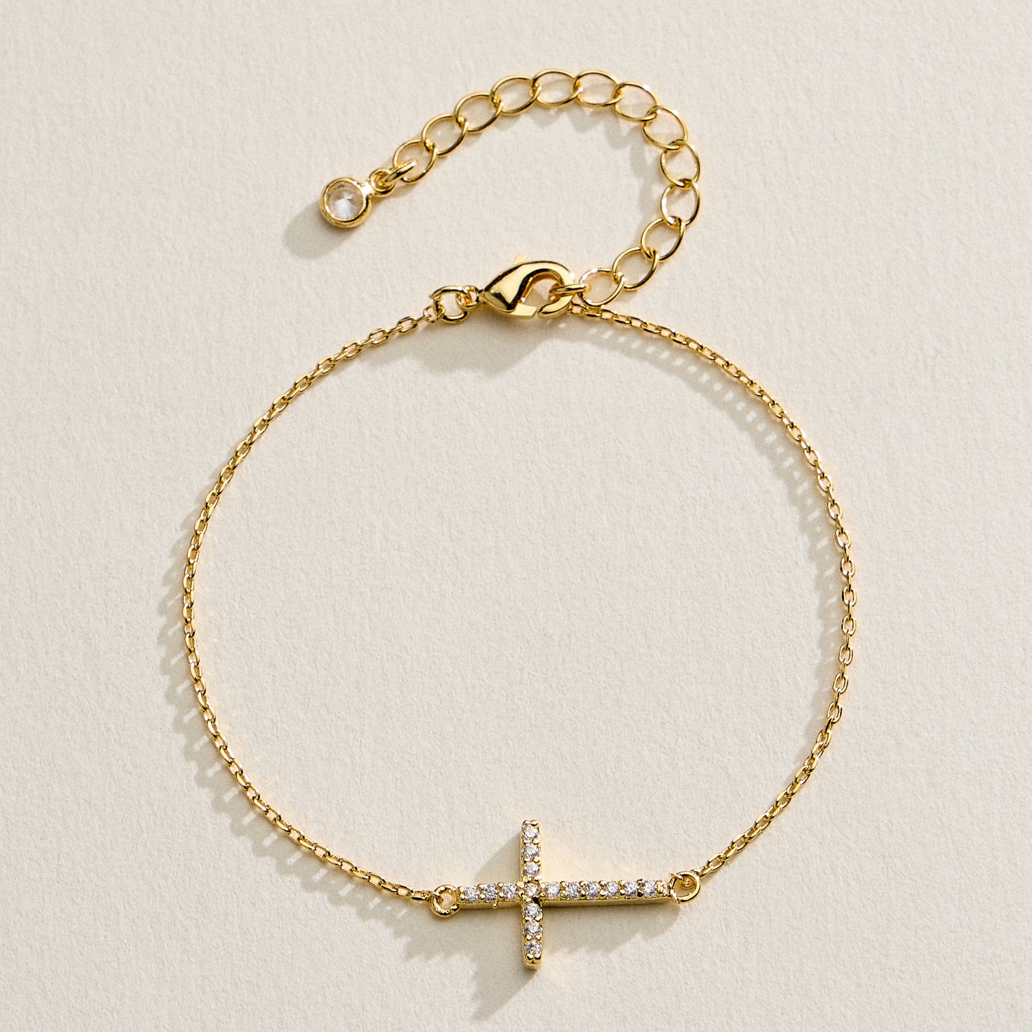14K Gold Plated Pavé Cross Bracelet – Dainty Crystal Sideways Cross Chain Bracelet with Adjustable Extender - Frem