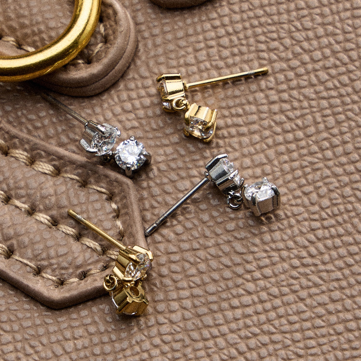 Stainless Steel Gold Round Drop Stud Earrings – Minimal CZ Dangle