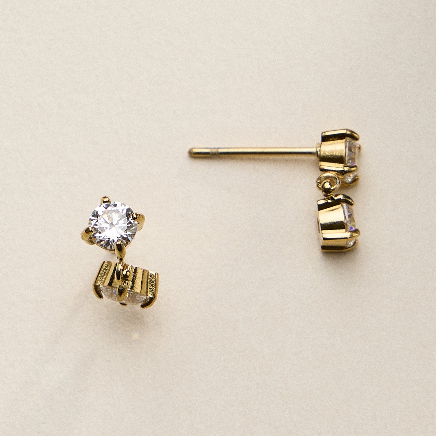 Stainless Steel Gold Round Drop Stud Earrings – Minimal CZ Dangle