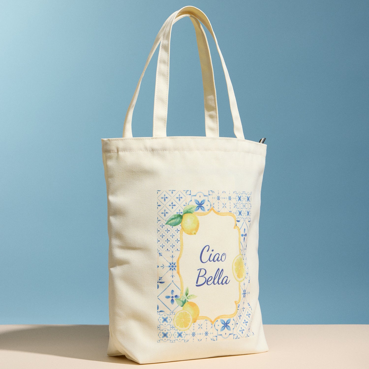 Ciao Bella Lemon Print Canvas Tote Bag with Zipper – Beach & Everyday Shopper Bag