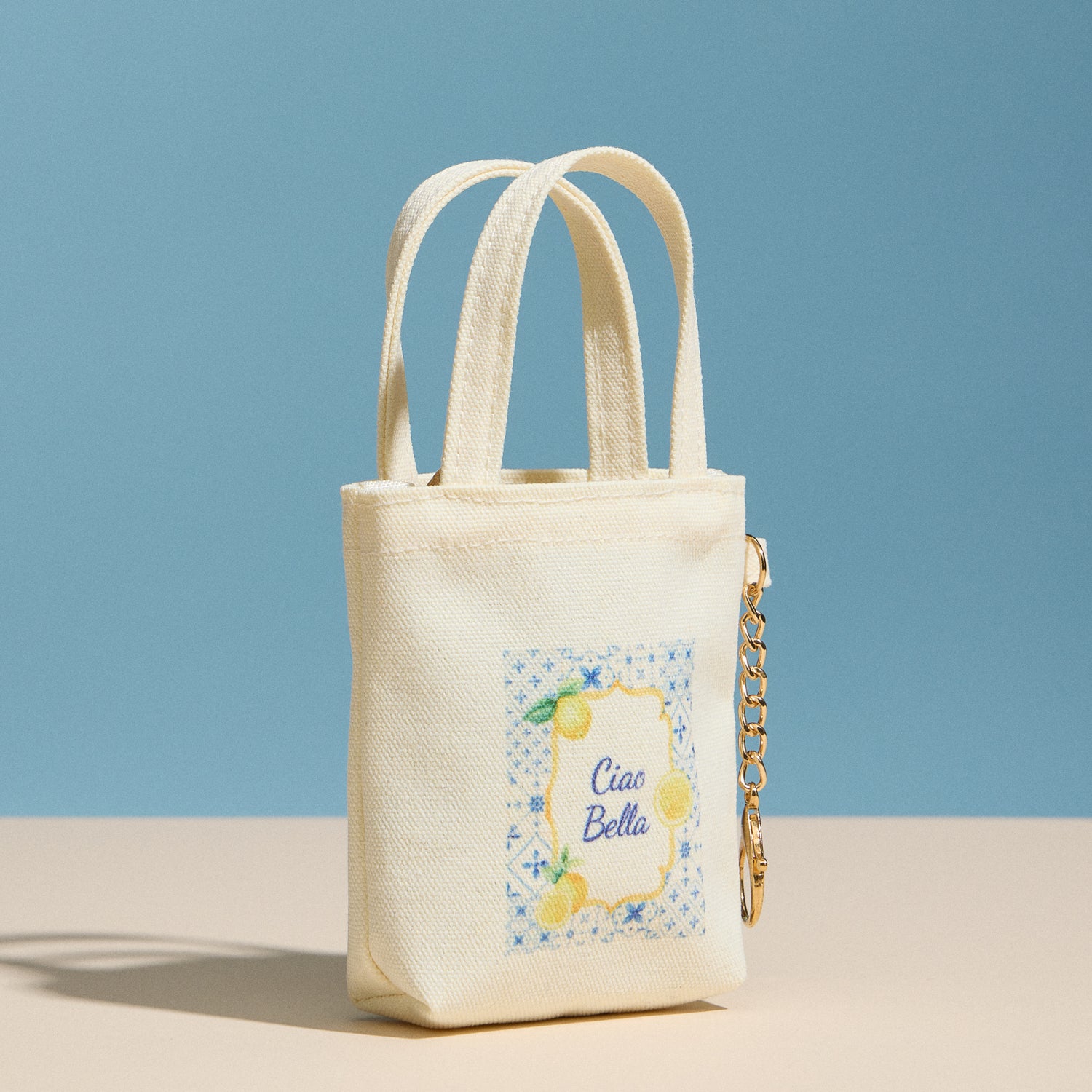 Mini Canvas Pouch with Lemon Graphic, Short Handle & Chain Keyring