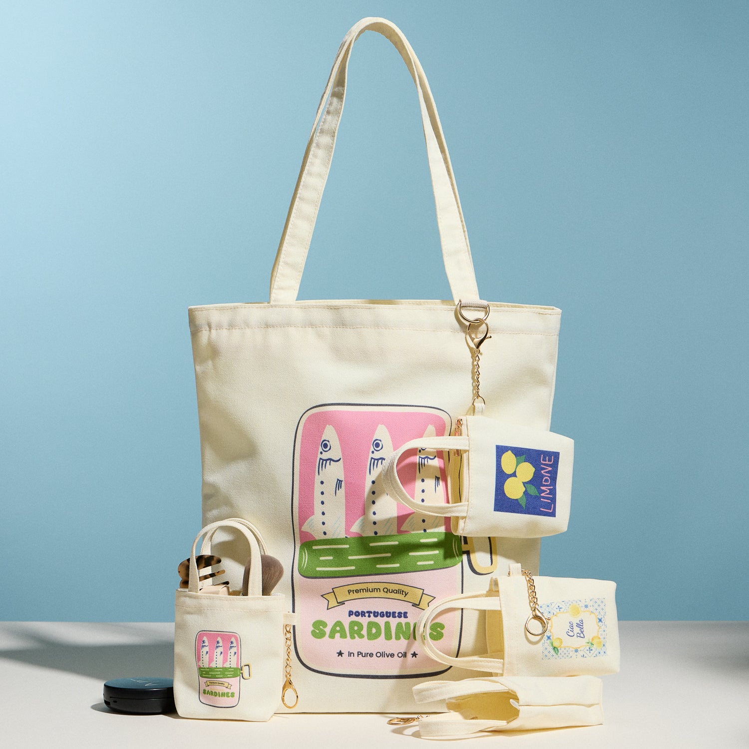 Mini Canvas Pouch with Limone Lemon Graphic, Short Handle & Chain Keyring