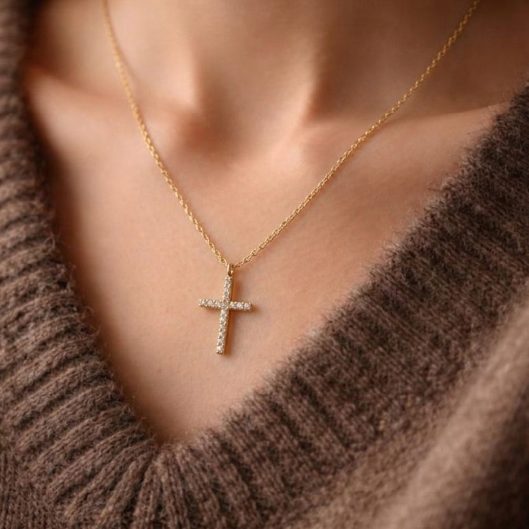 18K Gold Filled CZ Cross Necklace | Dainty Pave Cross Pendant Necklace Made In Korea