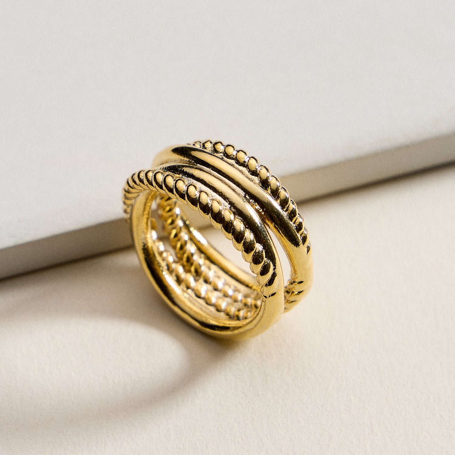 18K Gold Filled Multi-Layer Statement Ring | Textured & Polished Stack Design Made in Korea