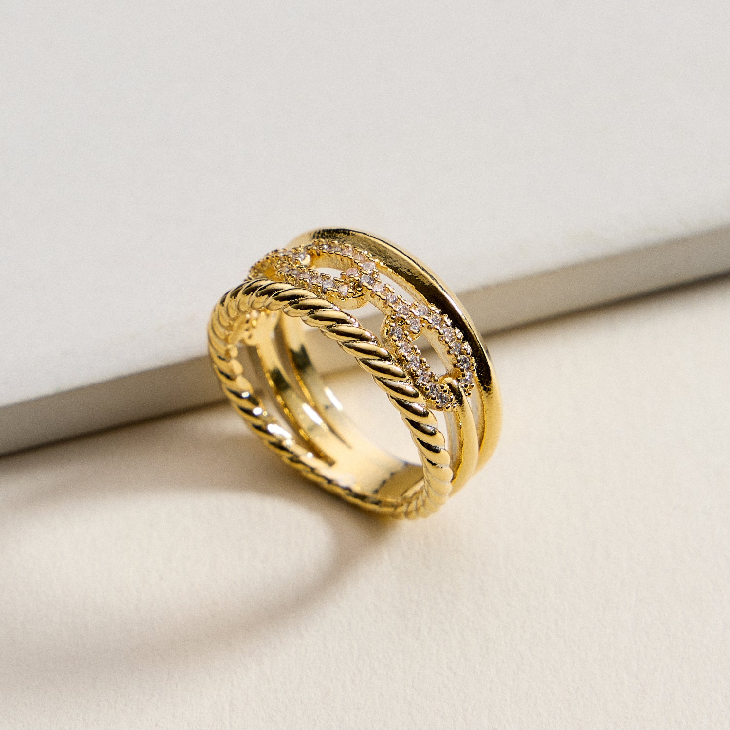 18K Gold Filled CZ Chain Link Stack Ring | Multi-Layer Statement Band Made in Korea
