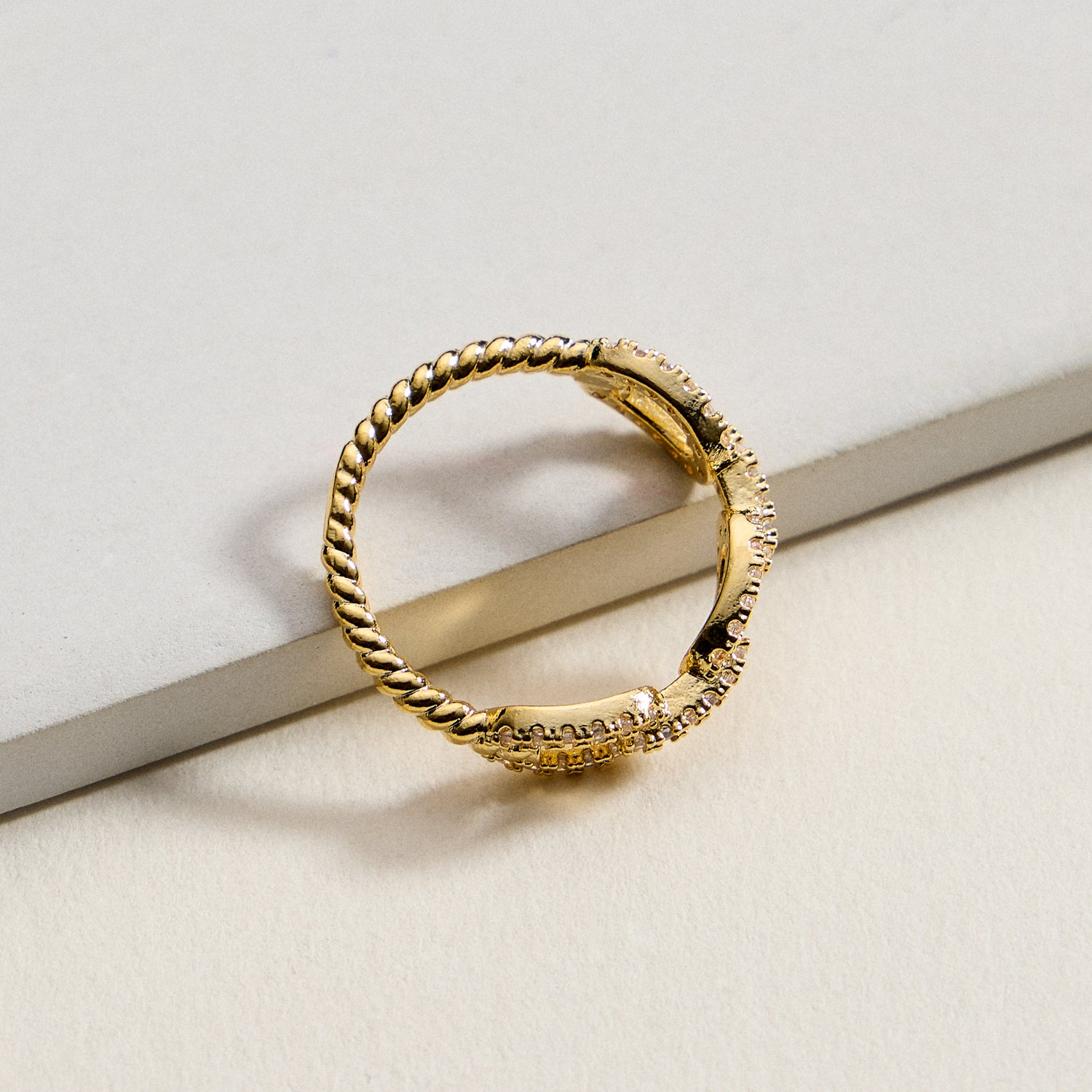 18K Gold Filled CZ Oval Link Ring | Twisted Rope Band Statement Ring – Made in Korea