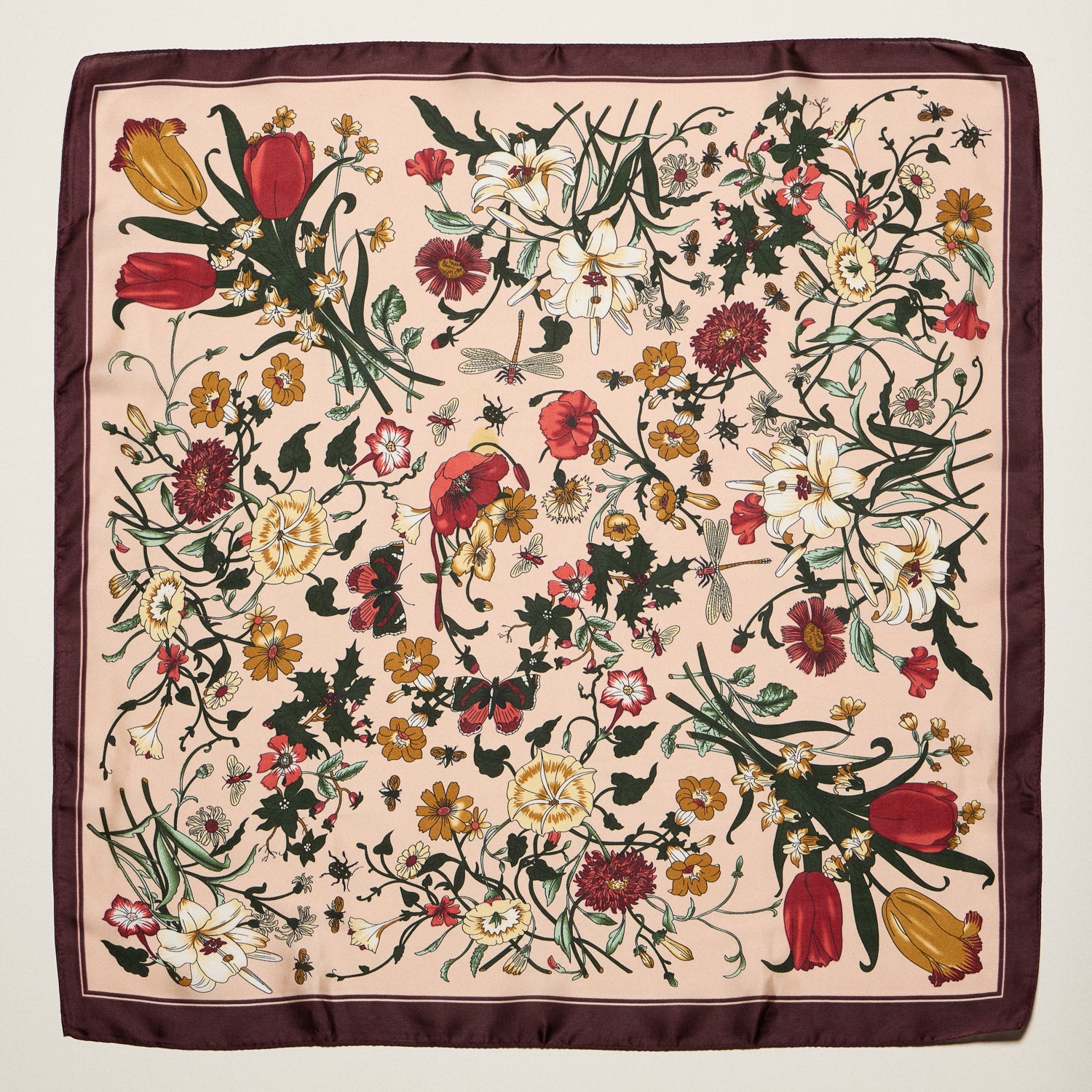 Vintage Botanical Floral Square Scarf – Elegant Garden Print Satin Neck & Hair Scarf - Frem