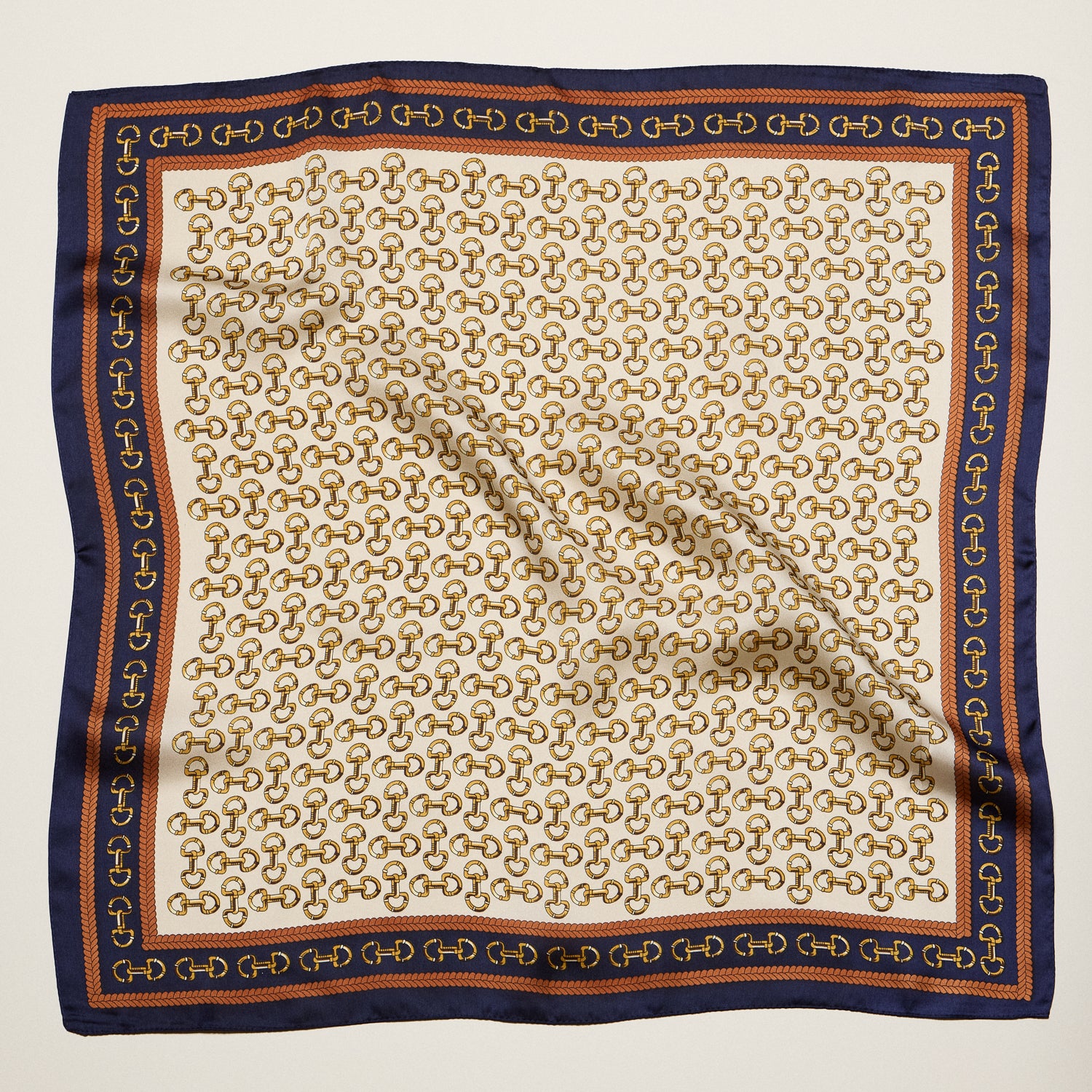 Classic Chain Print Square Scarf – Green & Navy Border Silk-Feel Fashion Scarf