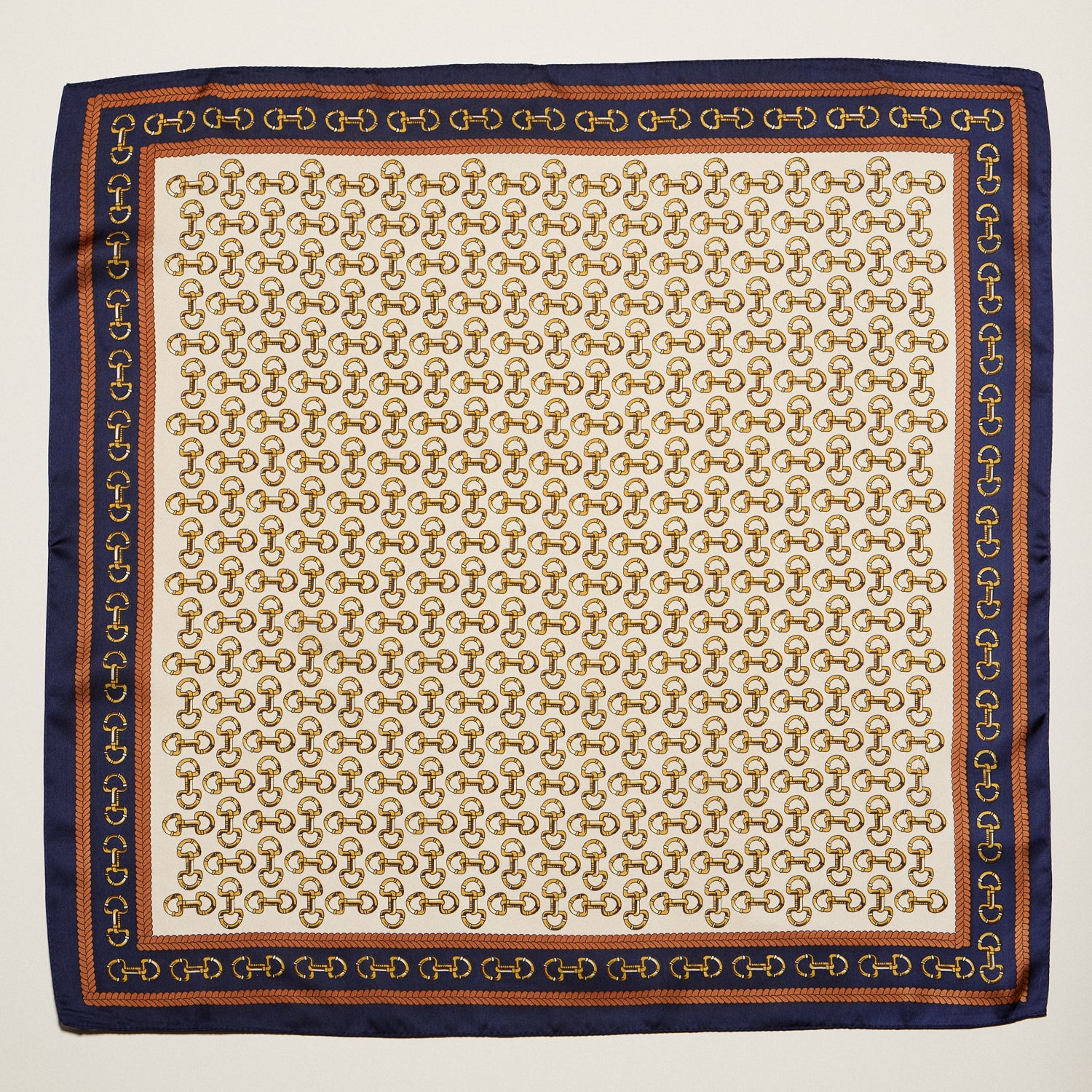 Classic Chain Print Square Scarf – Green & Navy Border Silk-Feel Fashion Scarf - Frem
