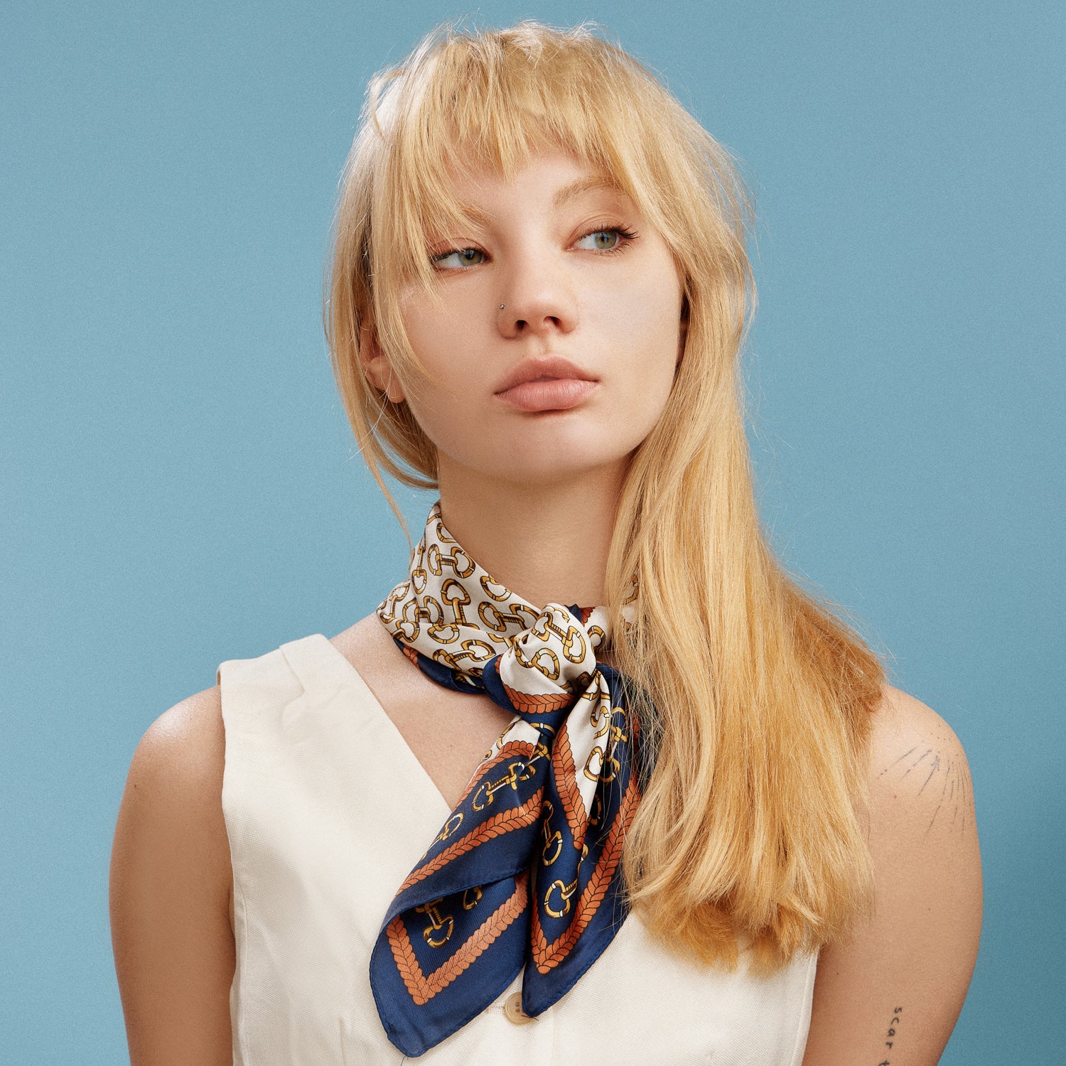 Classic Chain Print Square Scarf | Green & Navy Border Silk-Feel Fashion Scarf
