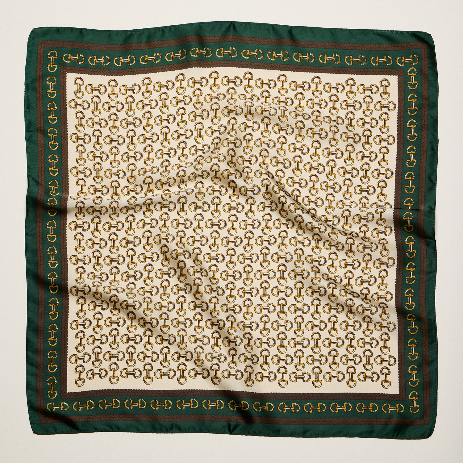 Classic Chain Print Square Scarf – Green & Navy Border Silk-Feel Fashion Scarf