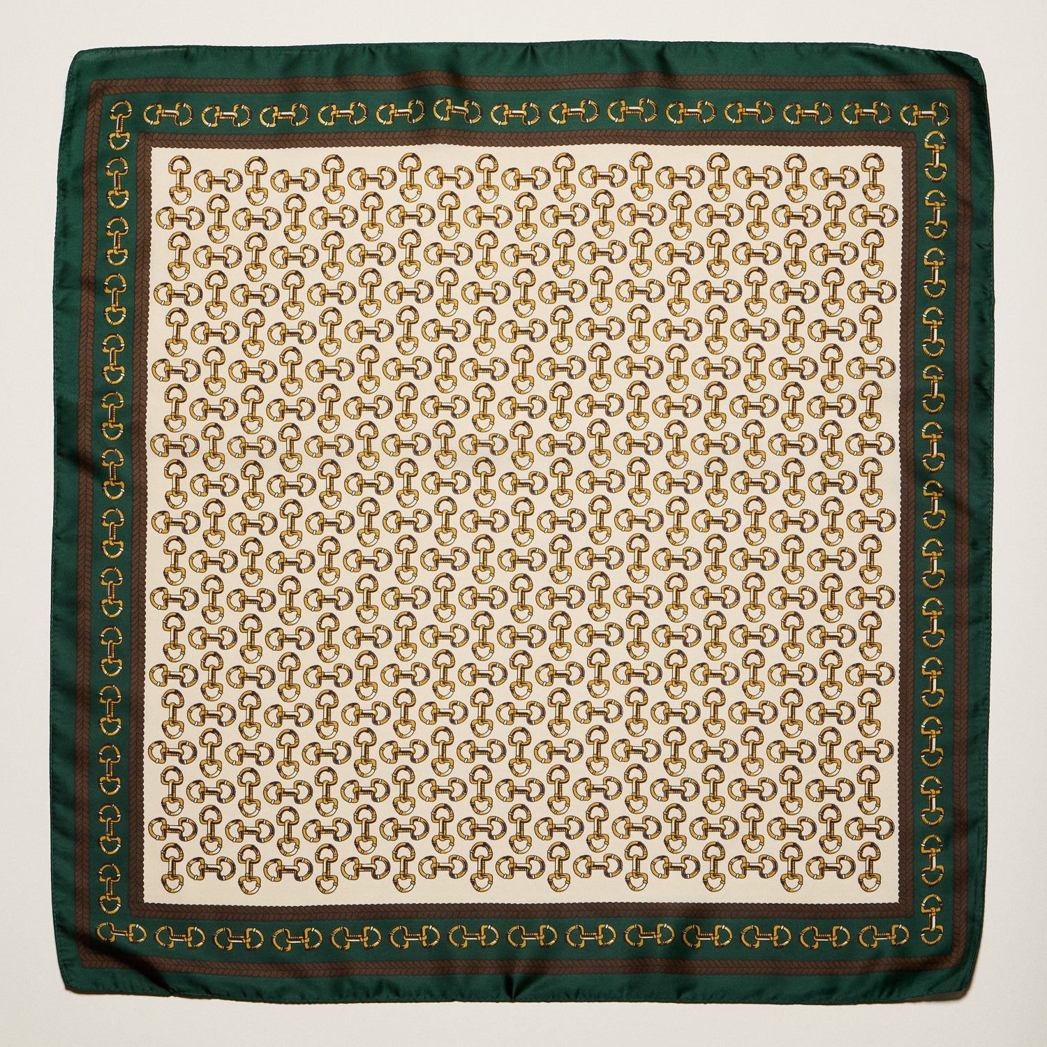 Classic Chain Print Square Scarf – Green & Navy Border Silk-Feel Fashion Scarf - Frem