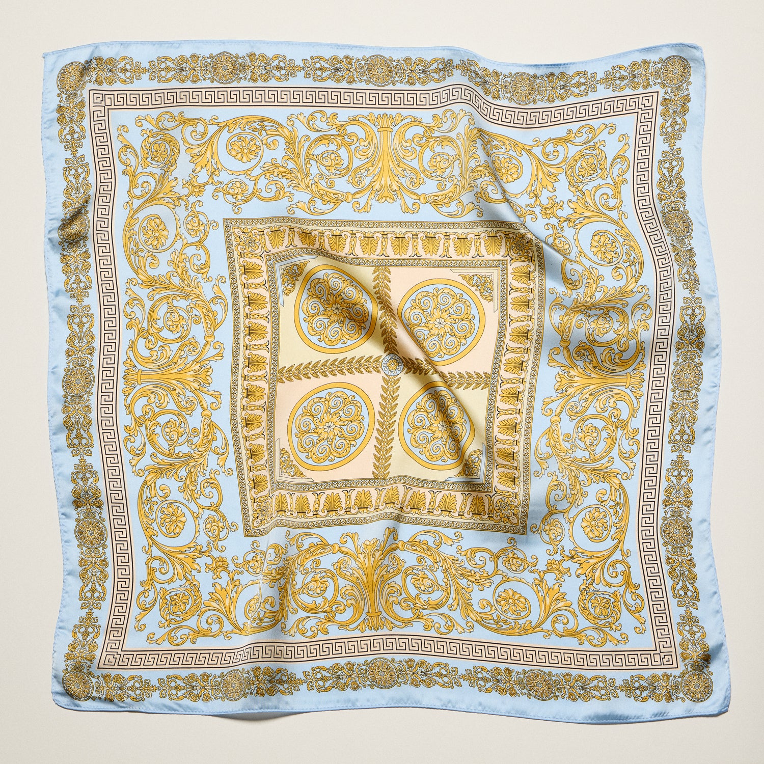 Classic Baroque Square Scarf – Vintage Gold Chain & Ornate Scroll Print Satin Headscarf