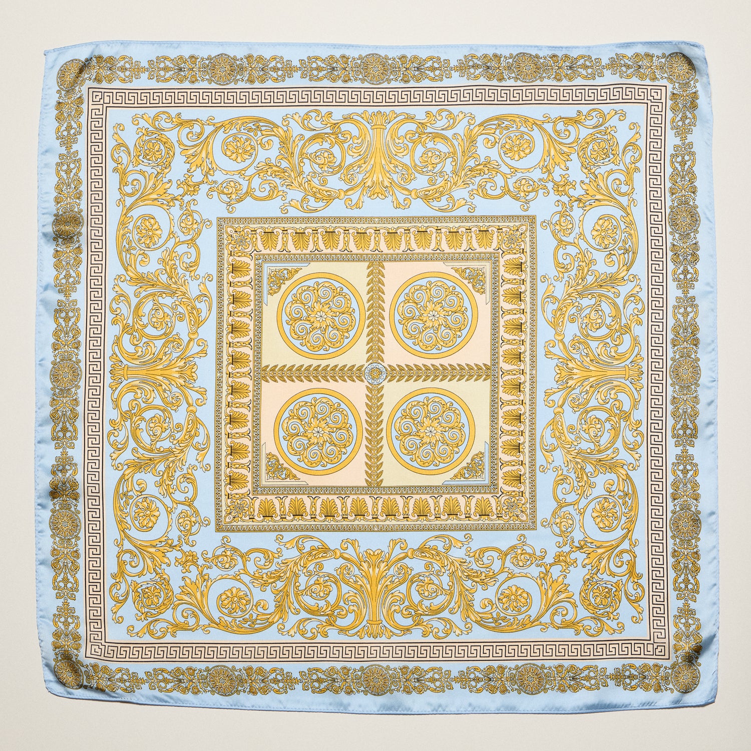 Classic Baroque Square Scarf – Vintage Gold Chain & Ornate Scroll Print Satin Headscarf - Frem