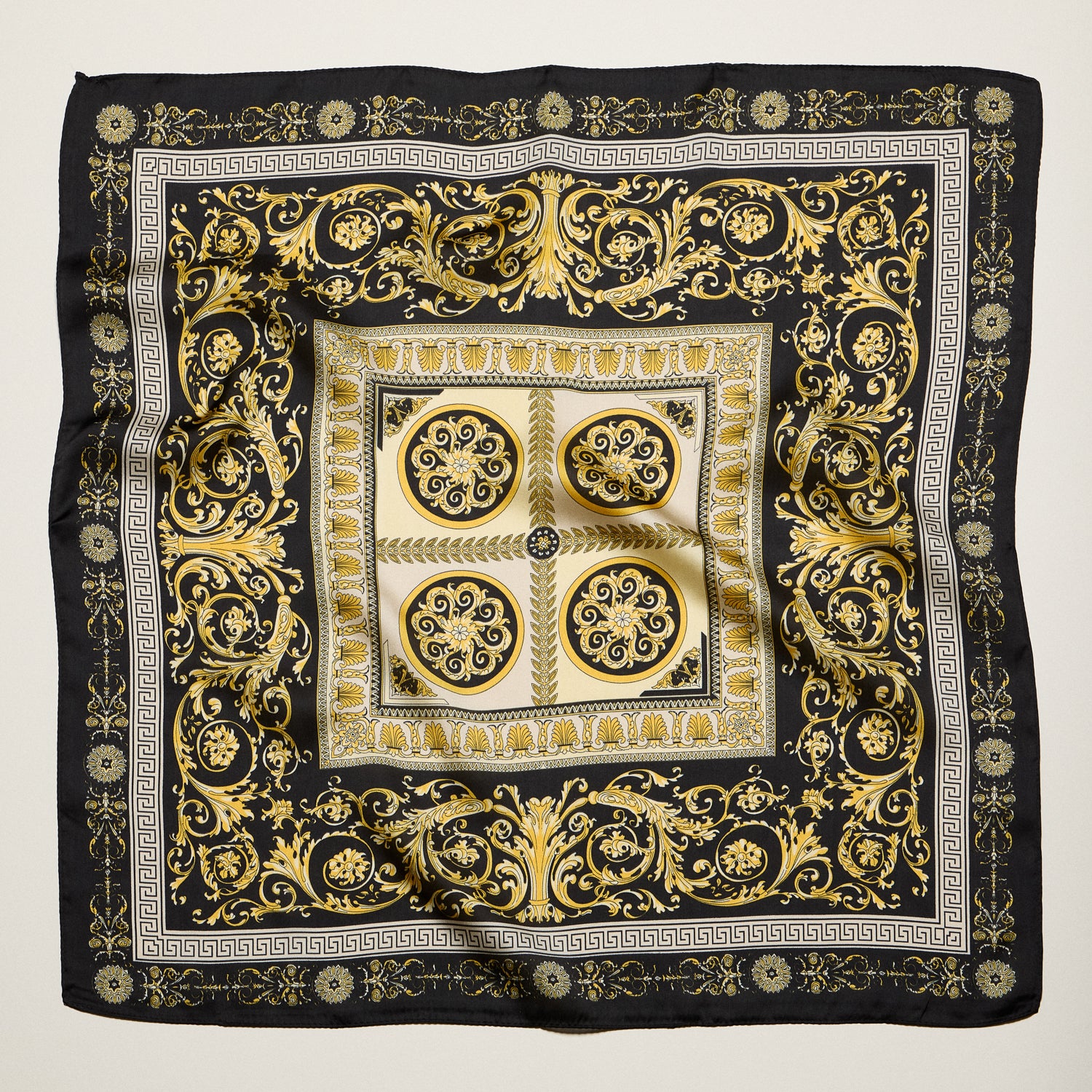 Classic Baroque Square Scarf – Vintage Gold Chain & Ornate Scroll Print Satin Headscarf - Frem